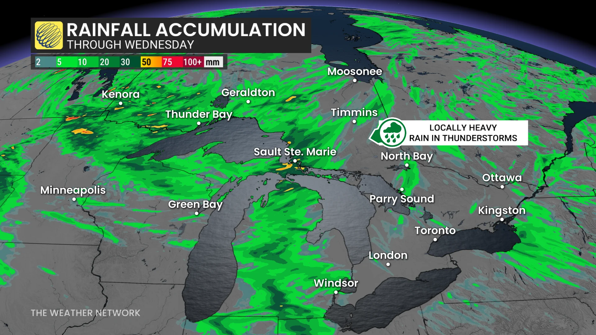 Rainfall Accumulation for northeastern Ontario heading into Wednesday