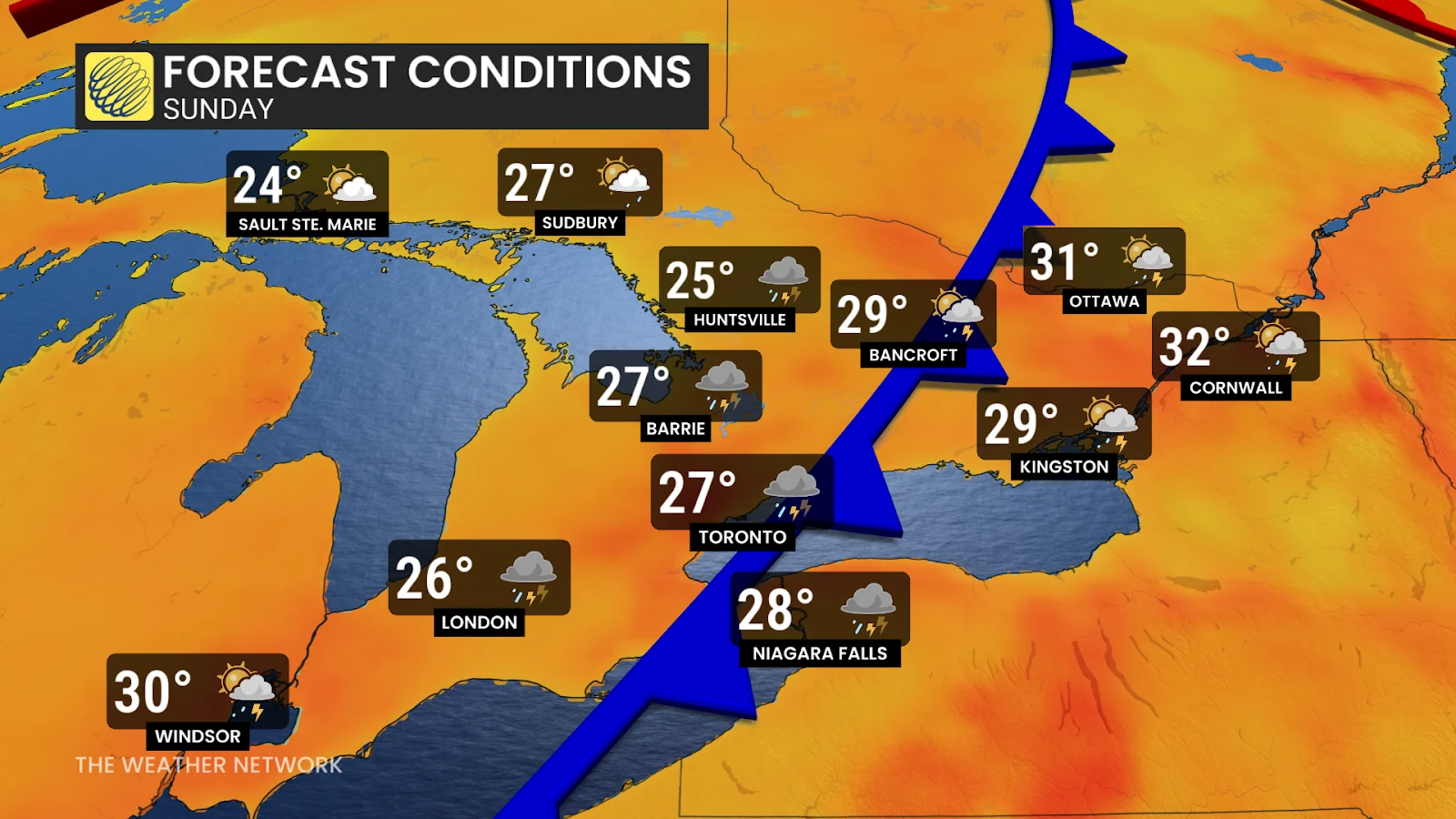 Sunday, Forecast, Ontario, Wind, Rain, Thunderstorm, July 11, 2025. (The Weather Network/Rachel Modestino)