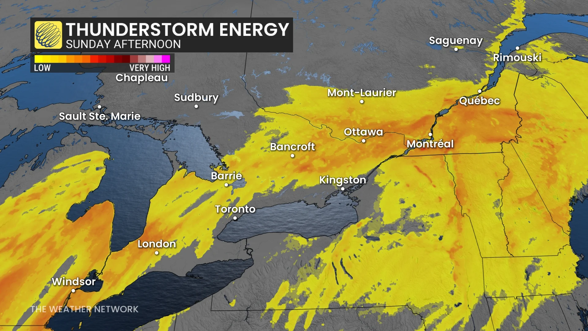 Ontario and Quebec thunderstorm energy Sunday afternoon