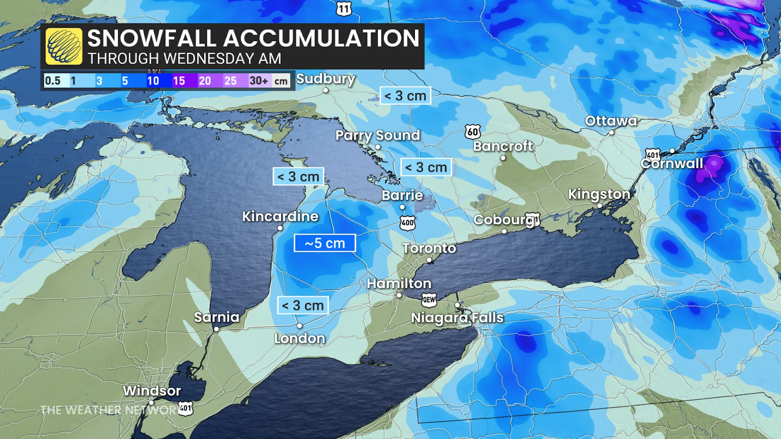 Southern Ontario forecast snowfall accumulation through Wednesday AM - April 15, 2025
