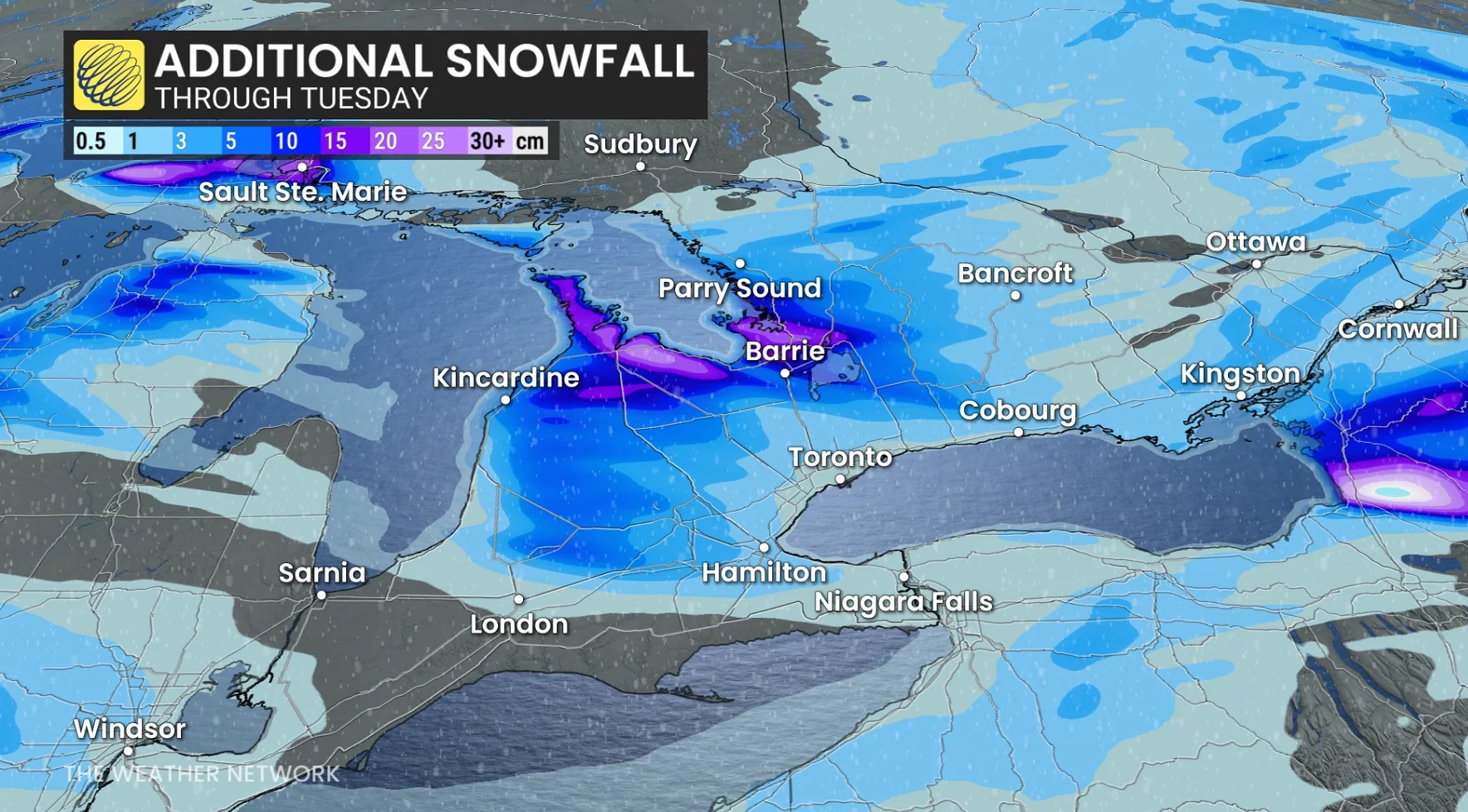 Ontario additional snow through Tuesday