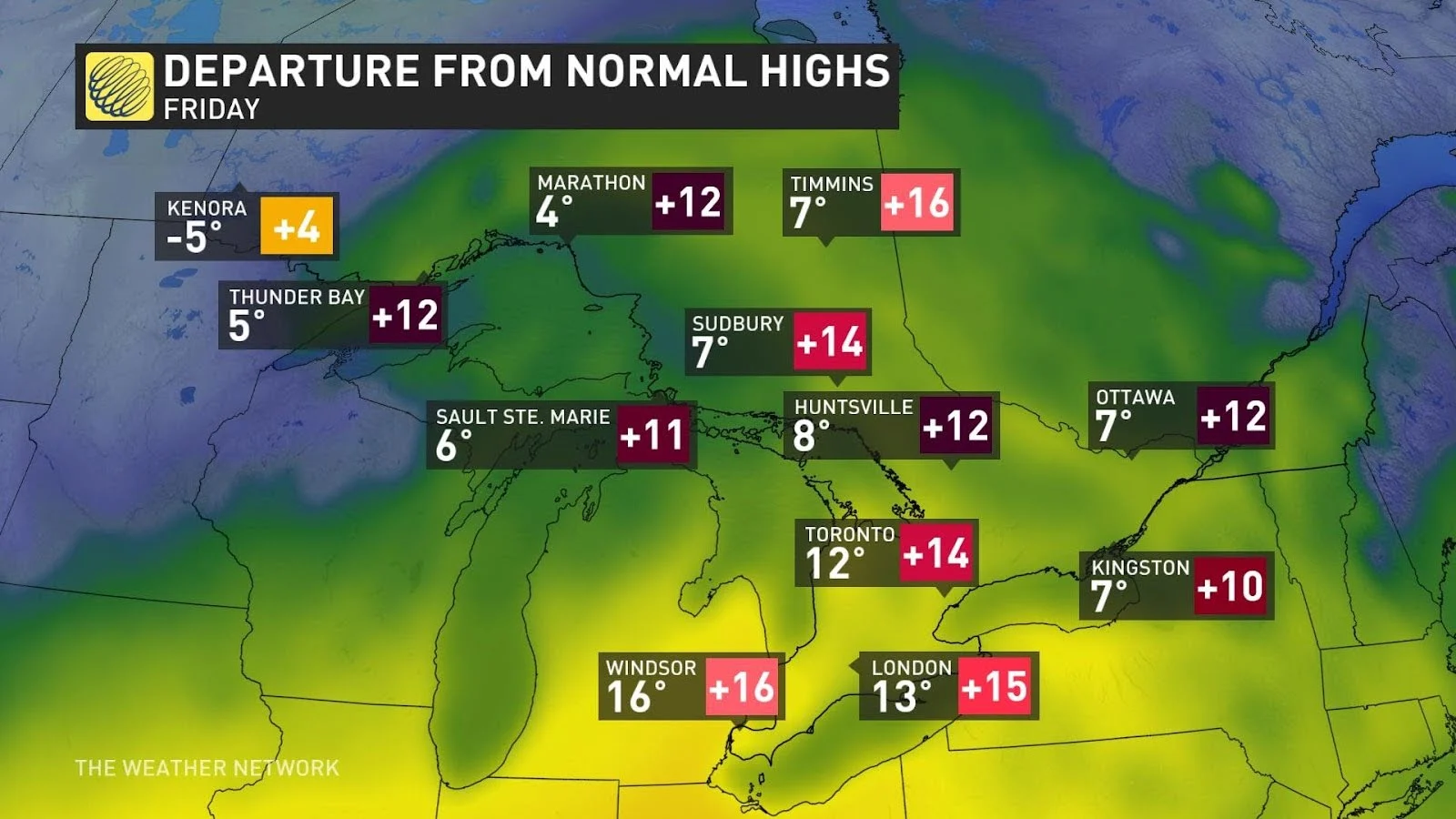 Ontario Friday departure from normal highs