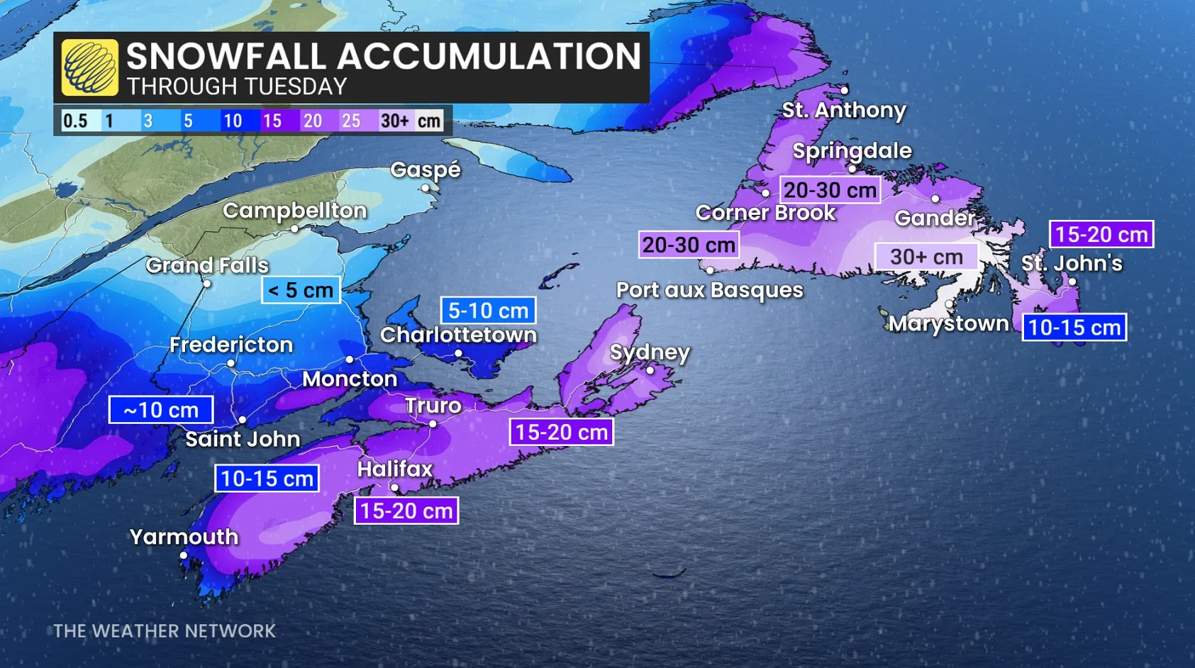 Atlantic Canada snowfall forecast through Tuesday