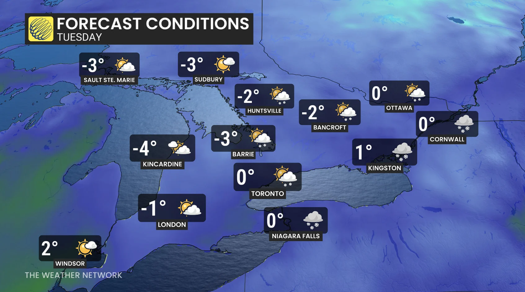 Ontario Tuesday temperatures and icons