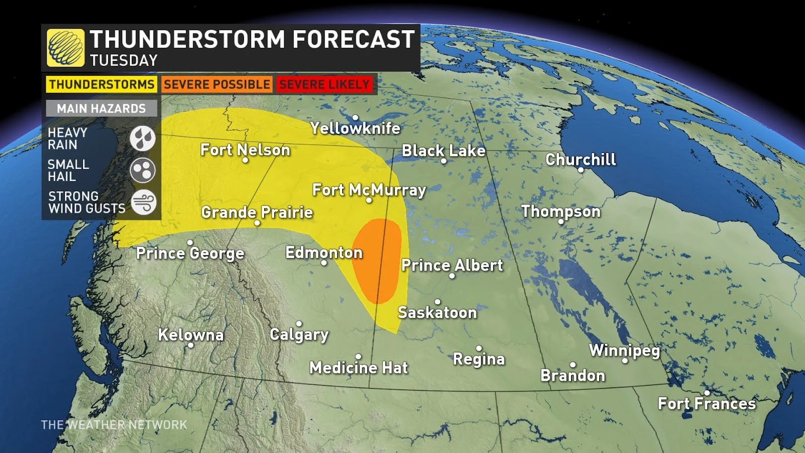 Western Canada Tuesday thunderstorm risk map July 23 2024