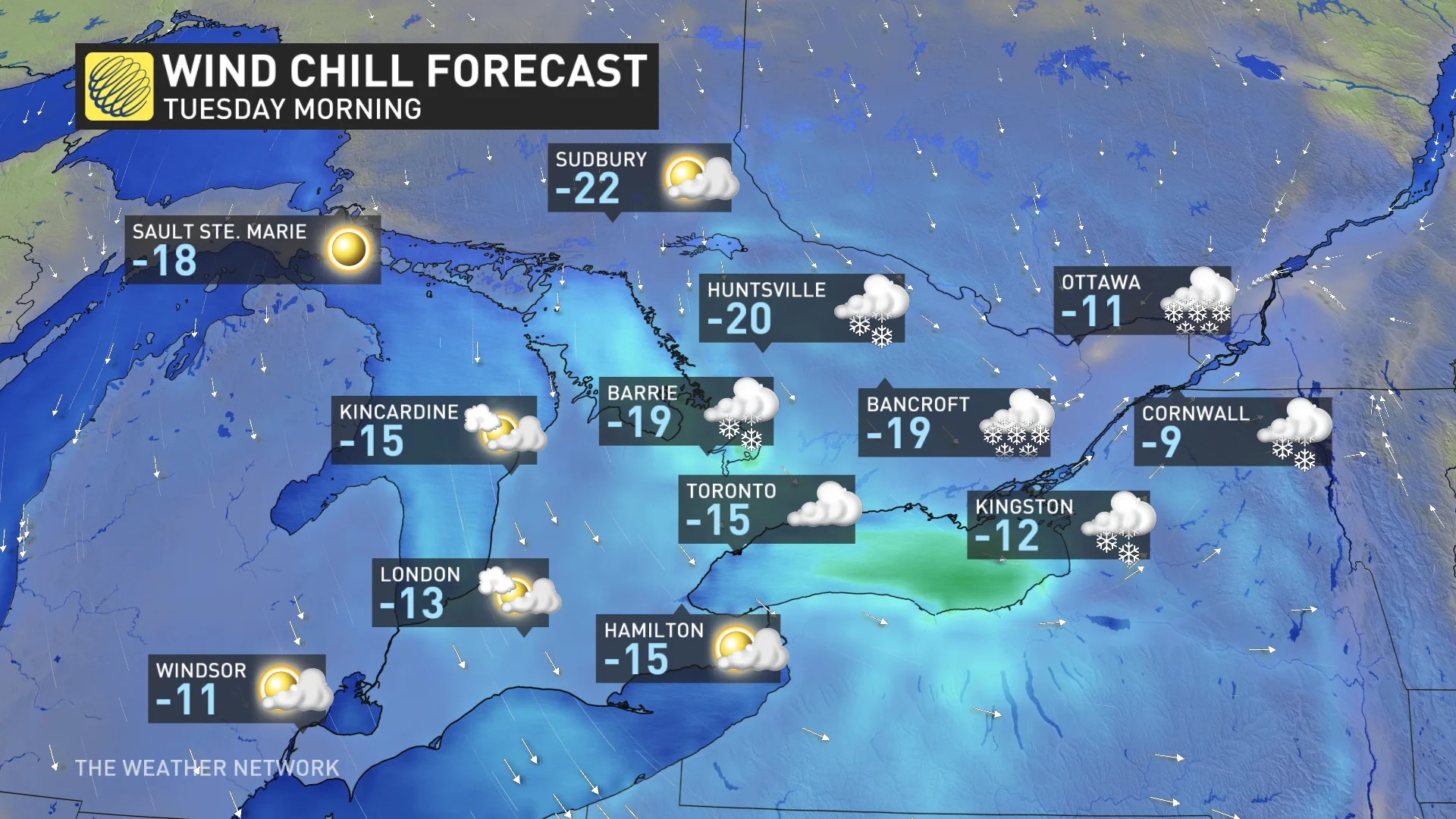Southern Ontario wind chill Tuesday morning