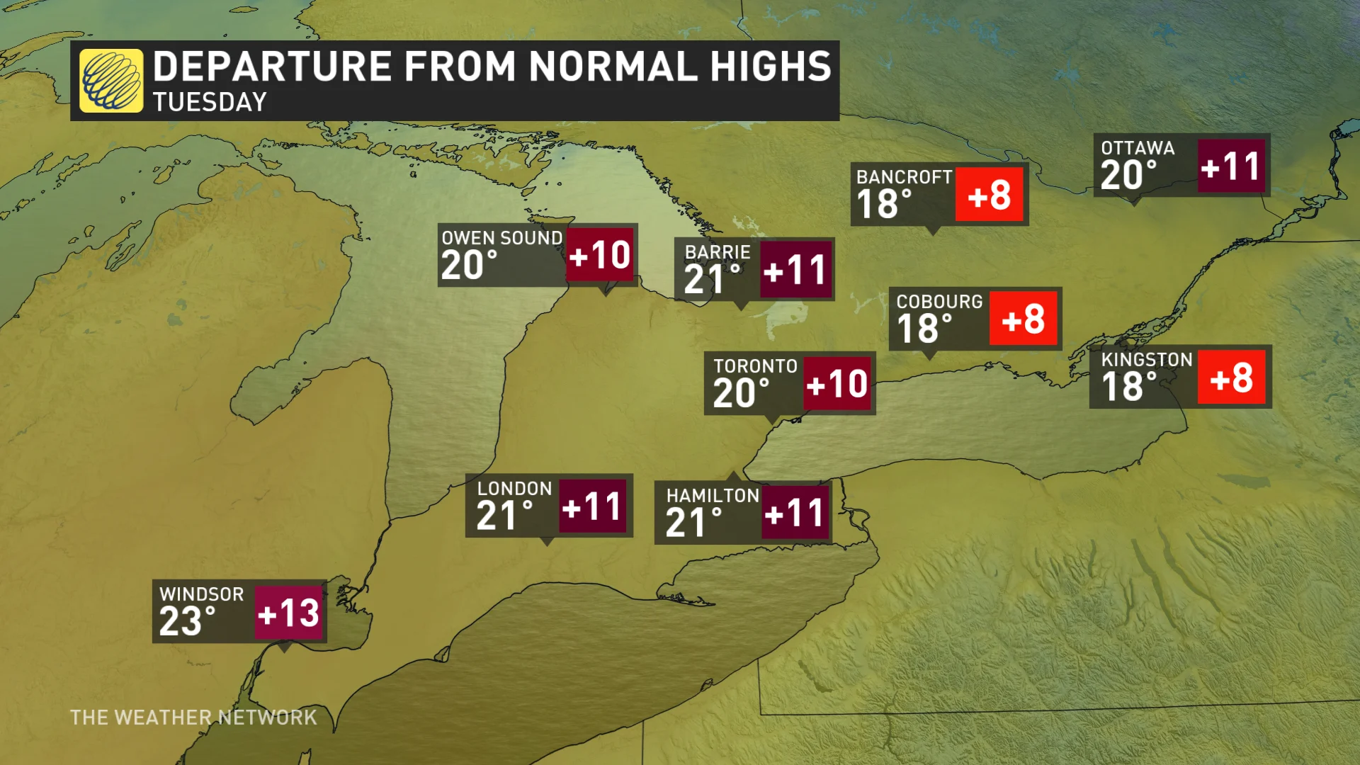 Ontario Tuesday temperature departures from normal highs