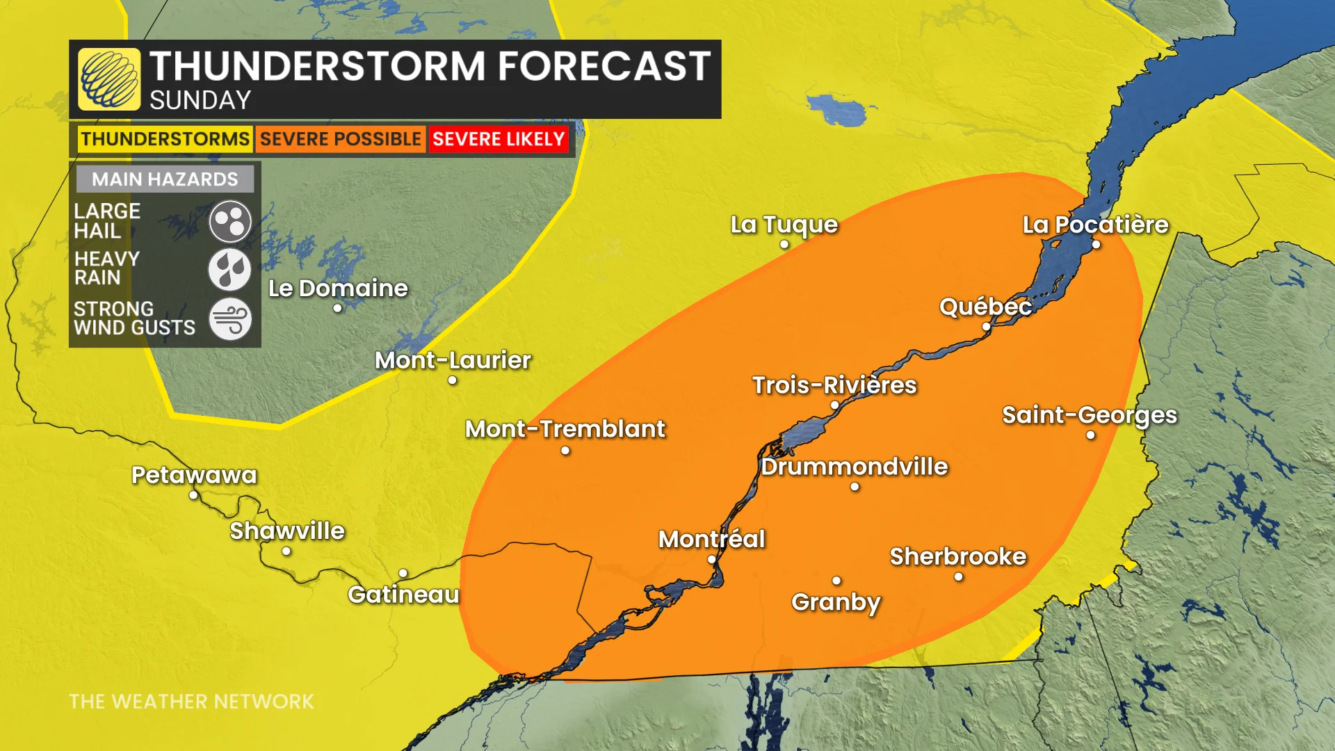 Quebec storm risk map Sunday