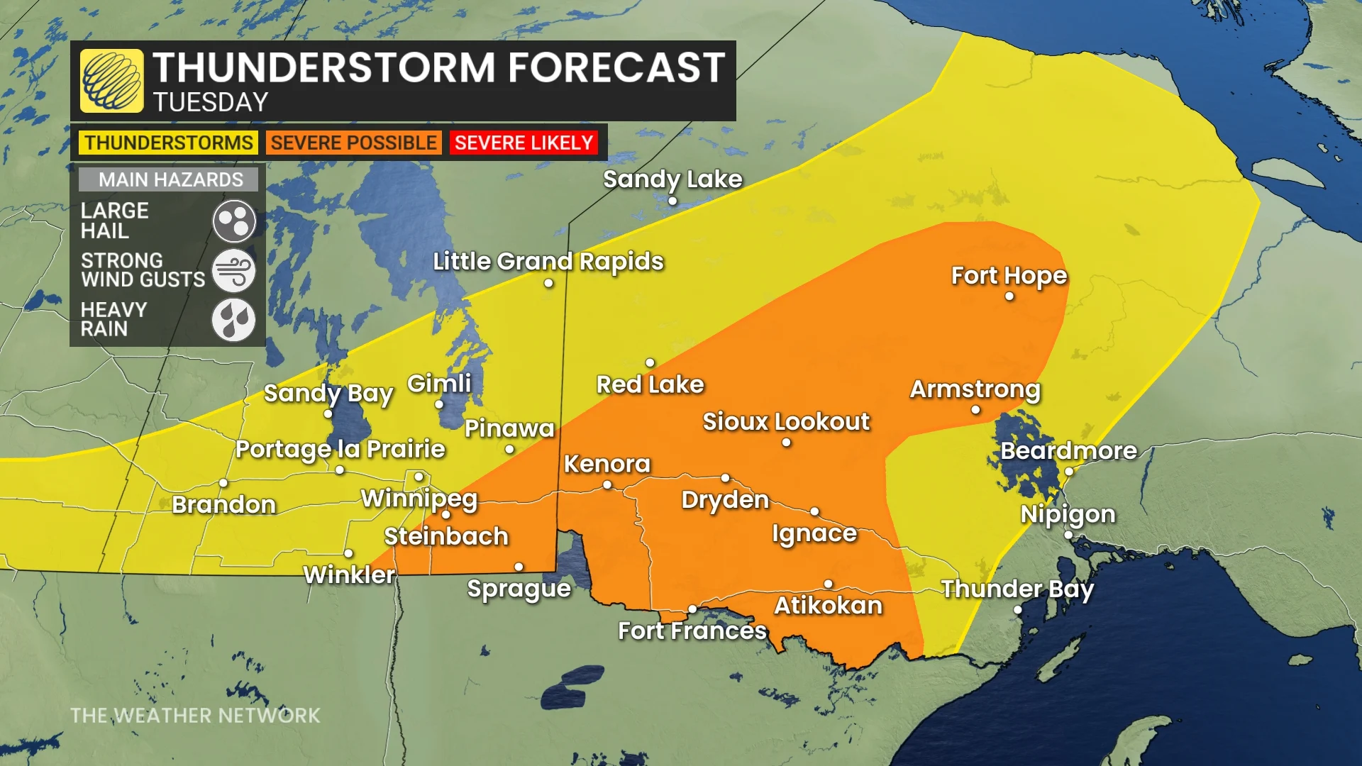 Barron - Thunderstorm forecast in northwestern Ontario for Tuesday