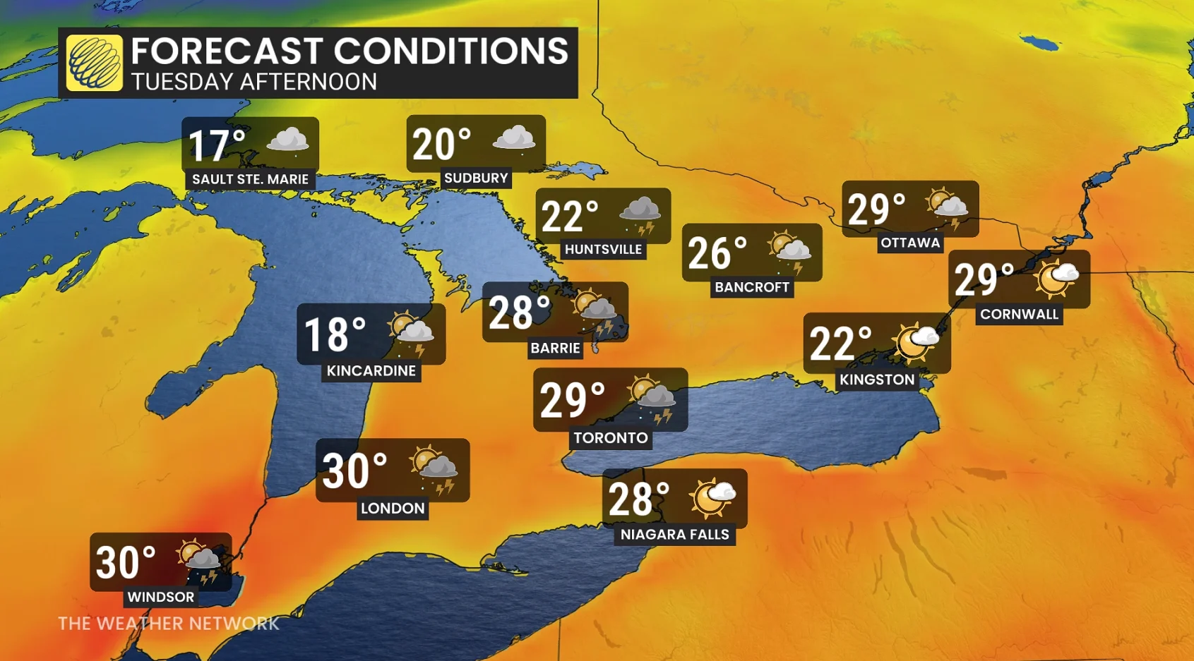 Ontario temperatures and icons Tuesday
