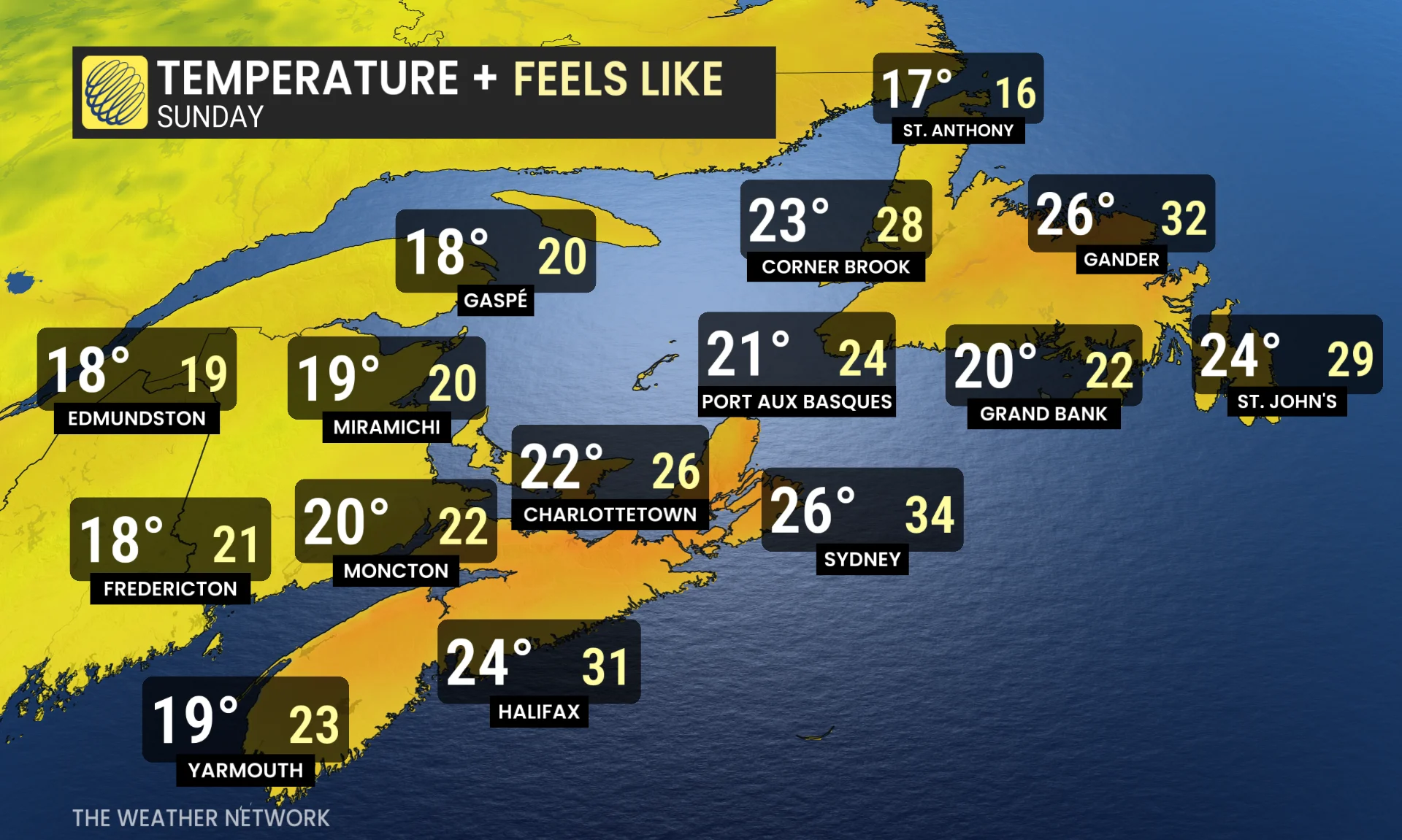 Atlantic Canada temperatures and icons Sunday