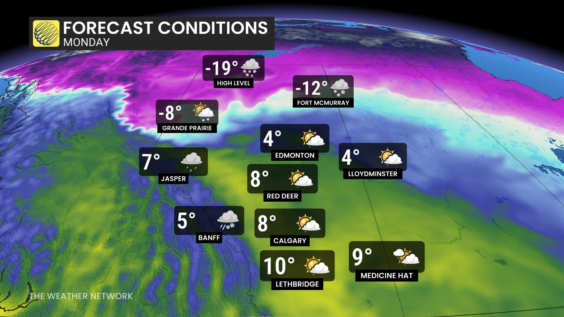 Alberta forecast conditions Monday