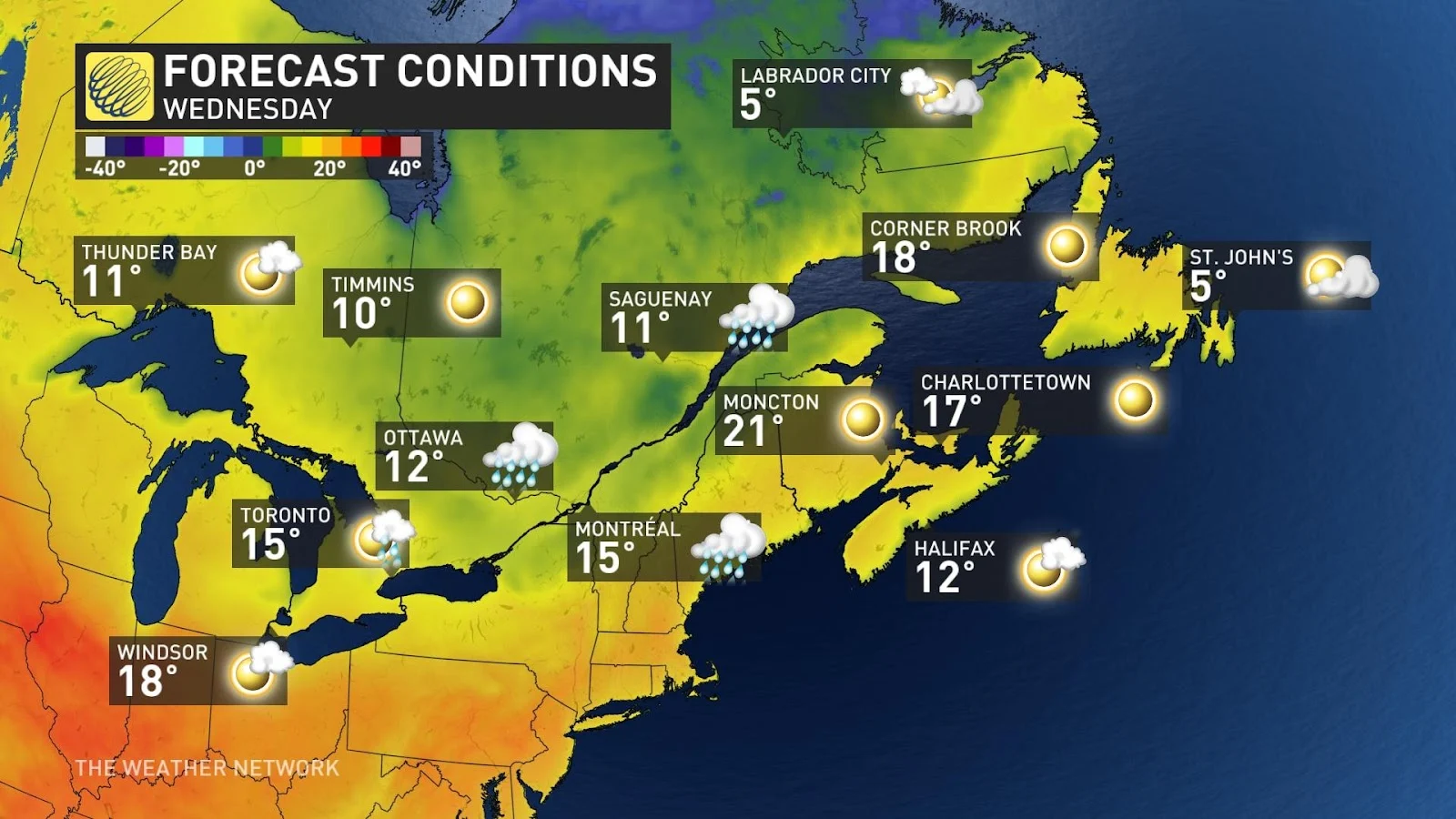 east canada wednesday temps May 22 2023