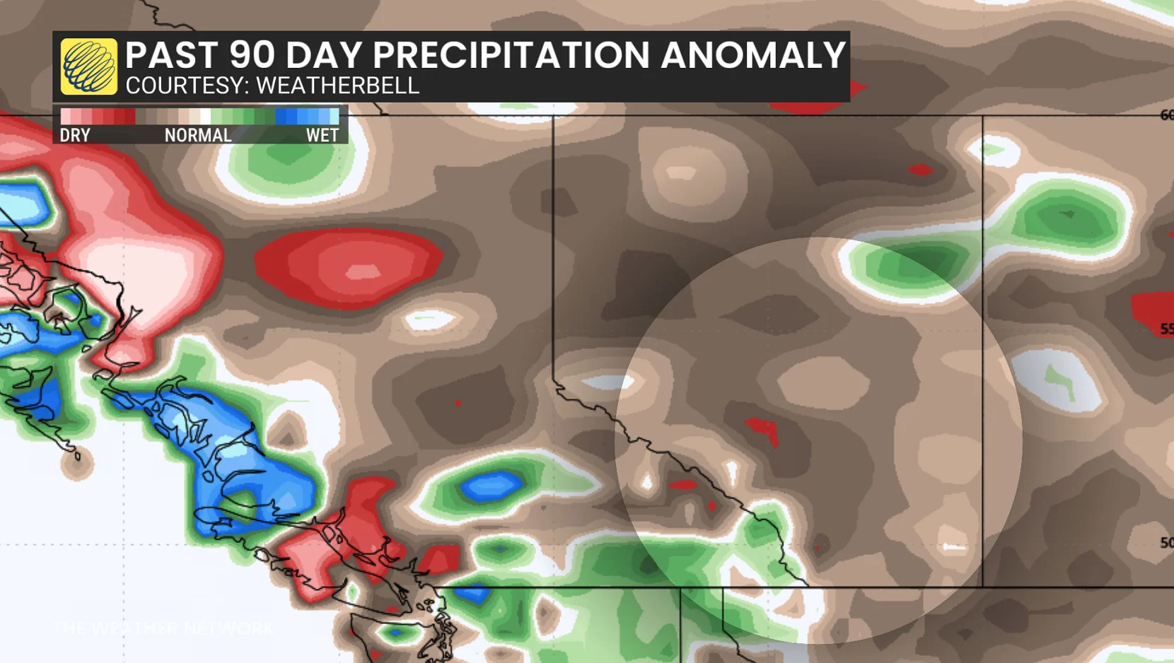 Prairies 90-day precipitation anomaly