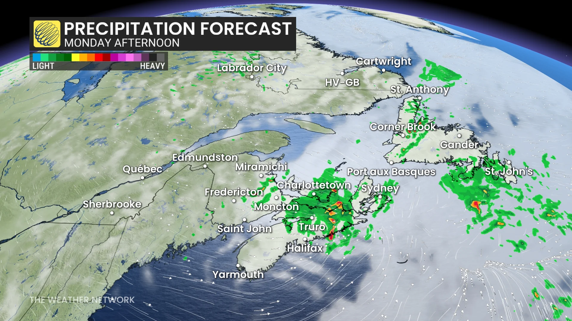 Atlantic Canada precipitation Monday afternoon