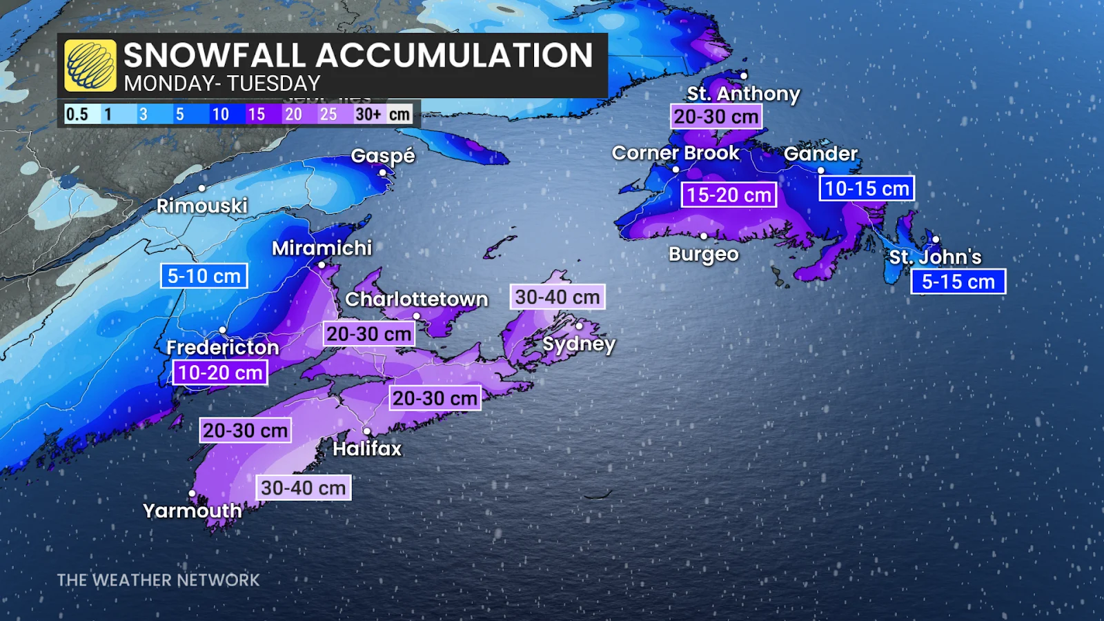 Atlantic Canada forecast snowfall totals from nor'easter - Feb. 23, 2026