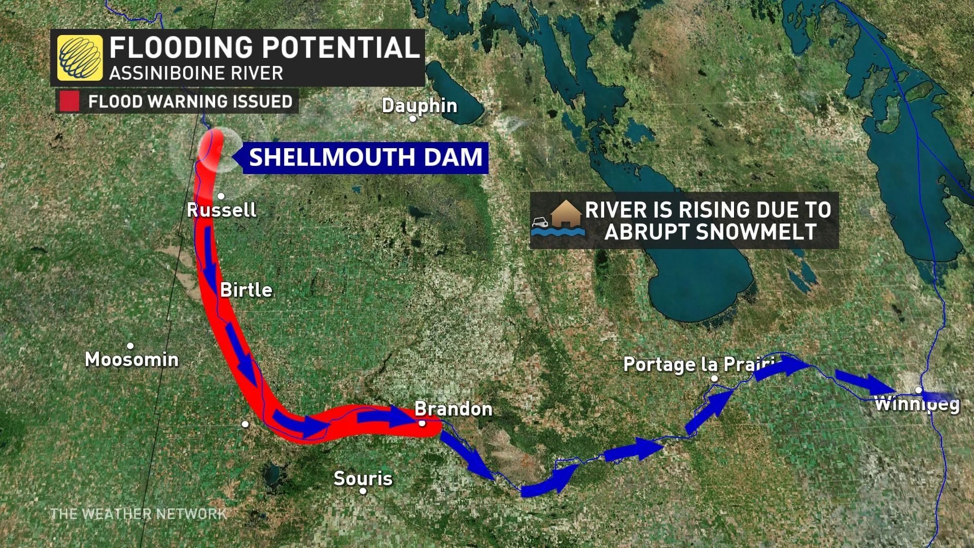 Manitoba flood warning/potential map/Assiniboine River (updated April 16)