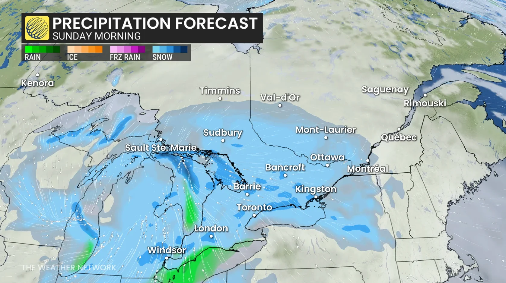 Ontario precipitation timing Sunday morning