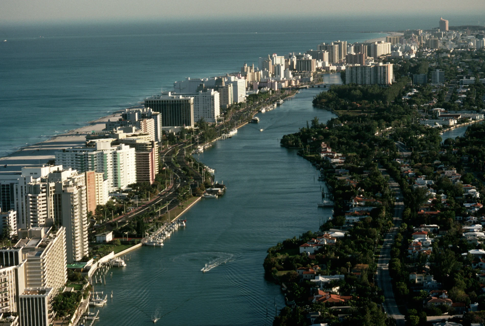 Aerial view of Miami Beach flanked by the Atlantic Ocean (left) and Biscayne Bay (right). (Kevin Fleming/ Corbis Documentary/ Getty Images)