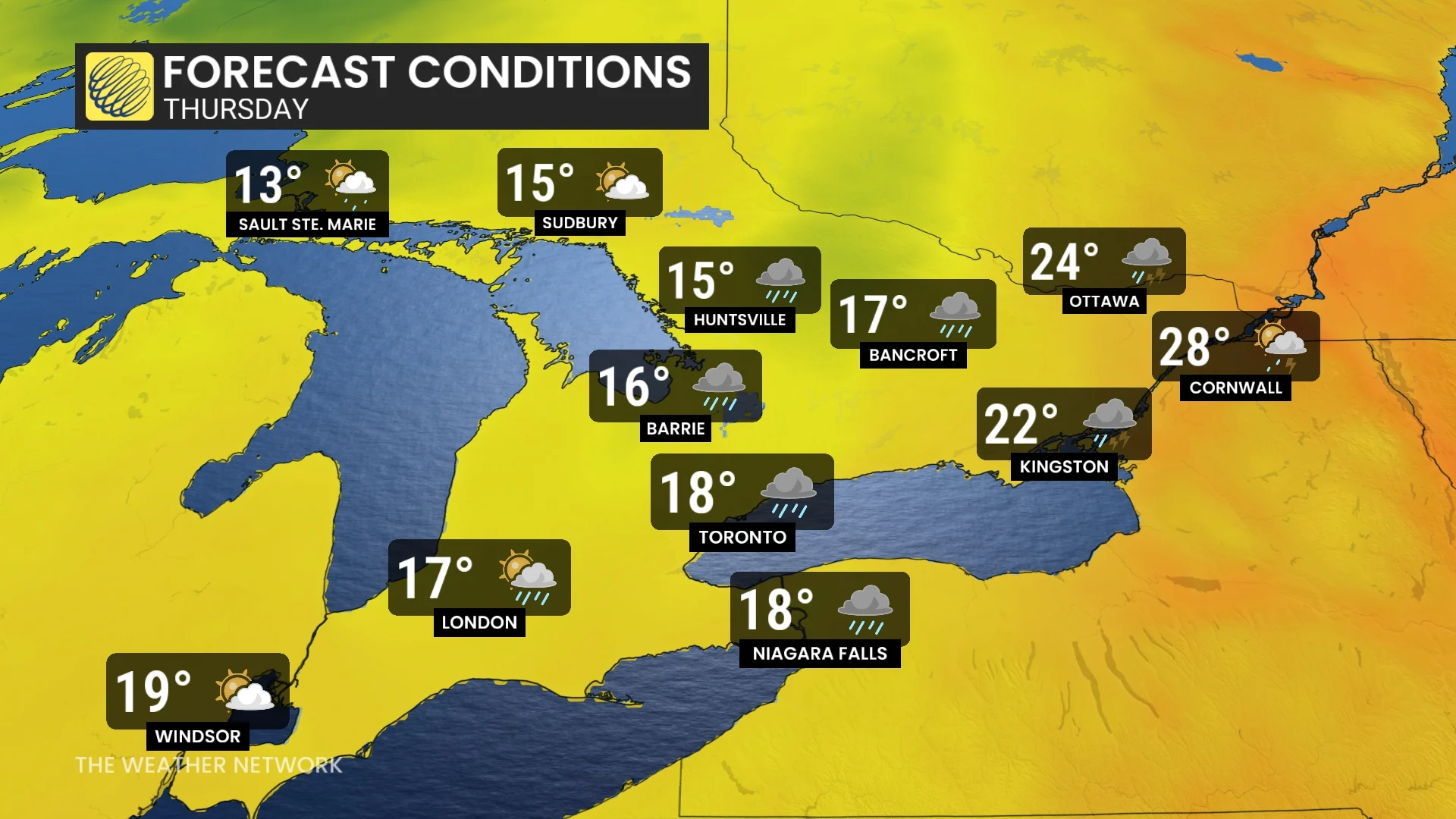 Ontario temperatures and icons Thursday