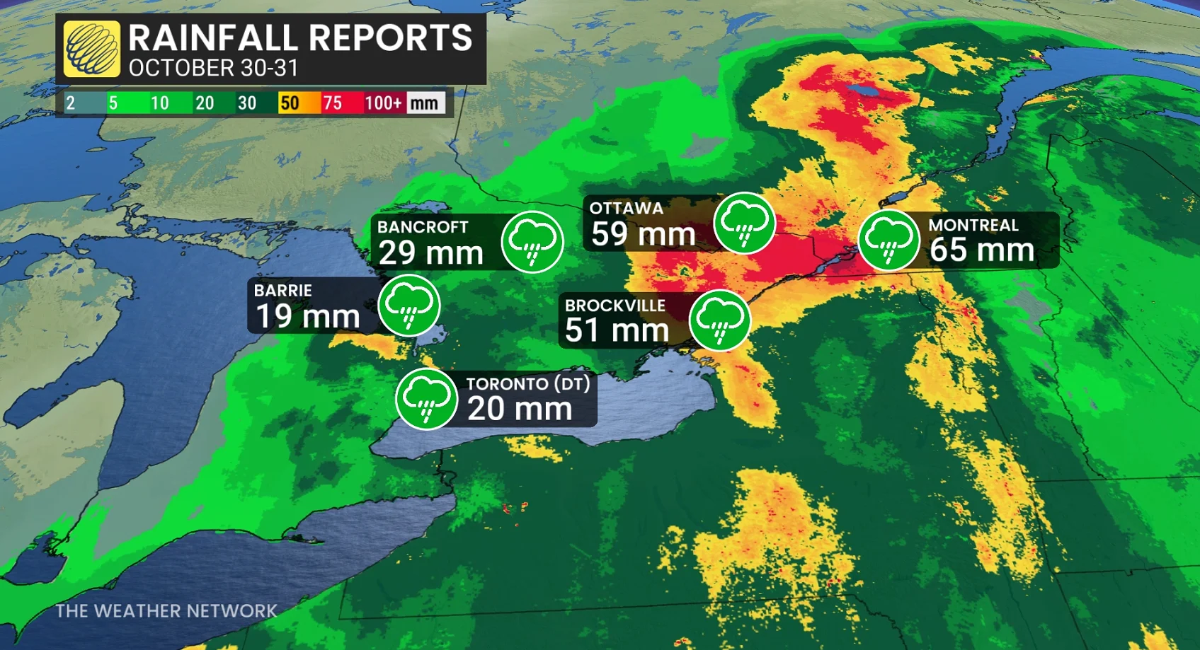 Ontario rainfall reports Oct. 30-31, 2025
