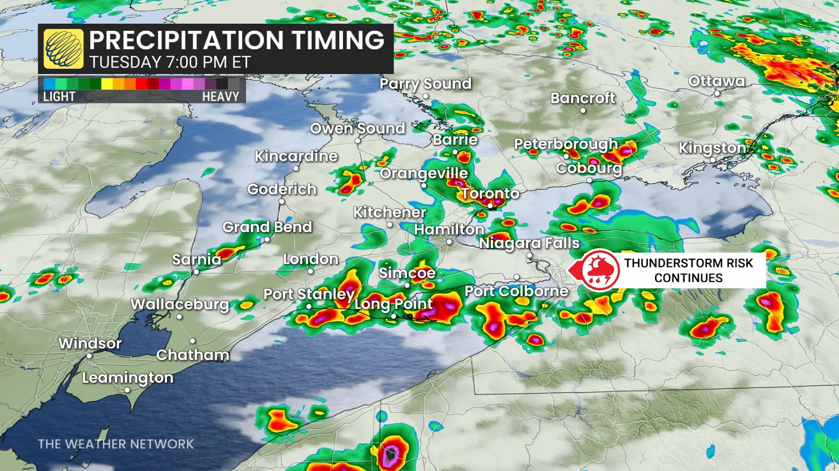 Ontario precipitation timing Tuesday evening