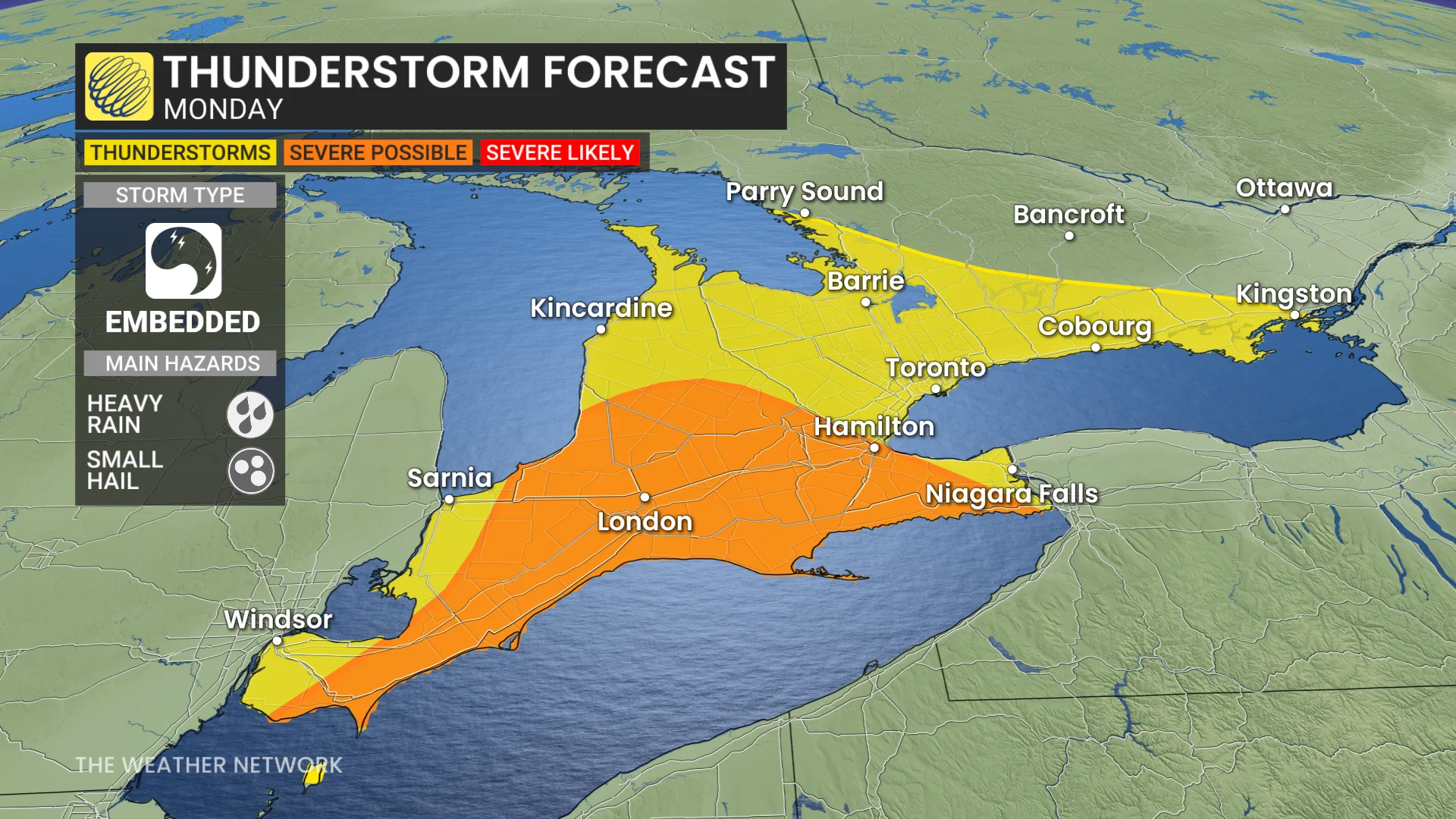 Ontario thunderstorm risk map Monday