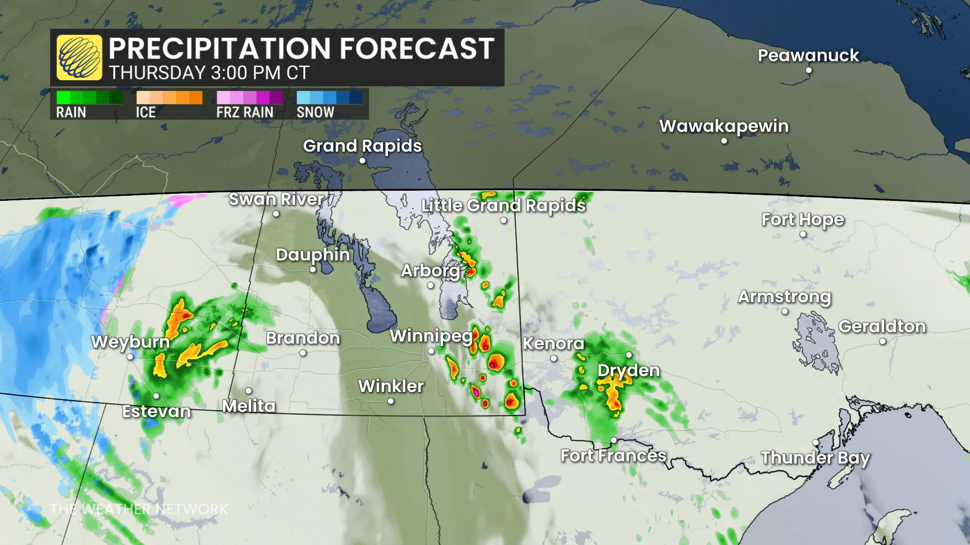 Prairies precipitation timing Thursday afternoon
