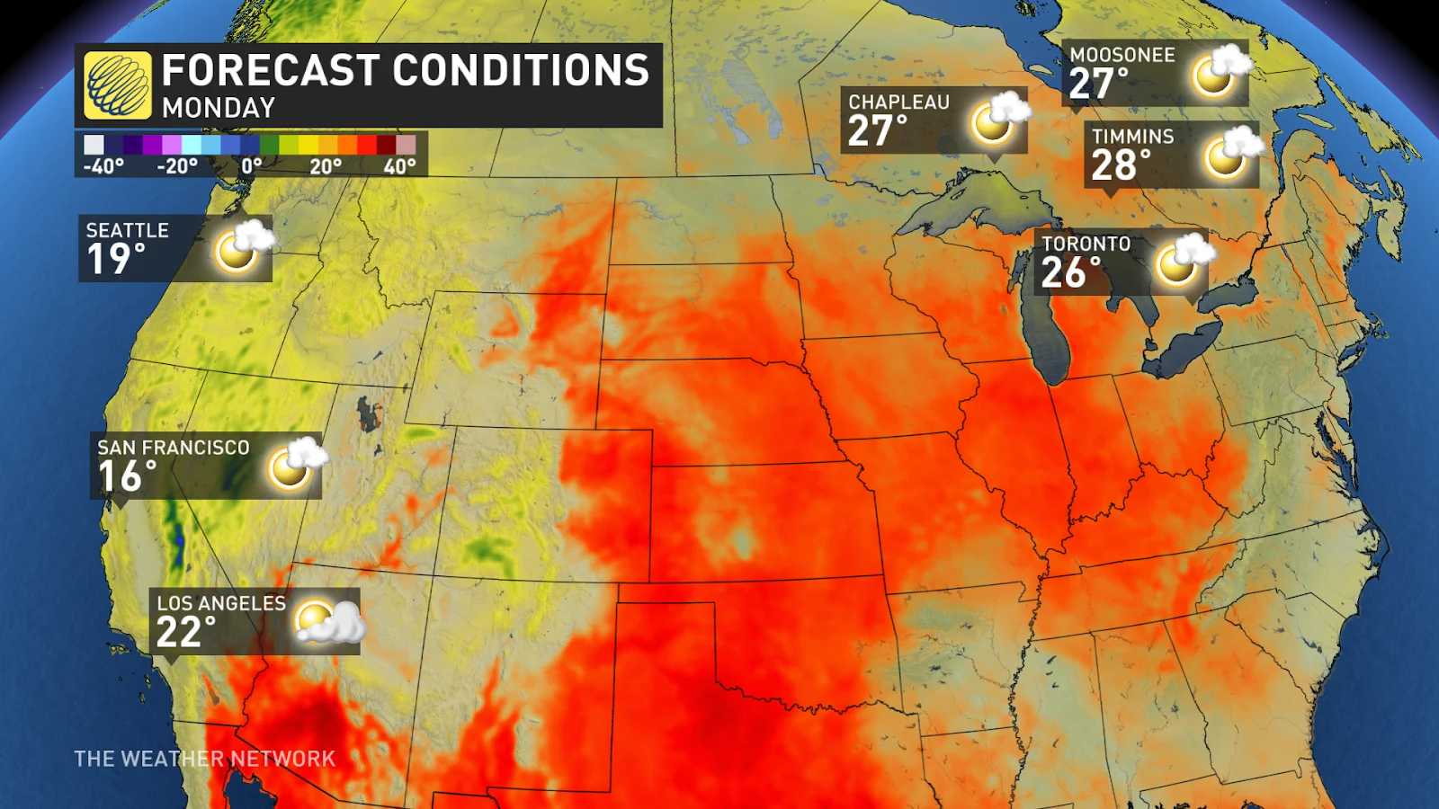 North America temperatures Monday