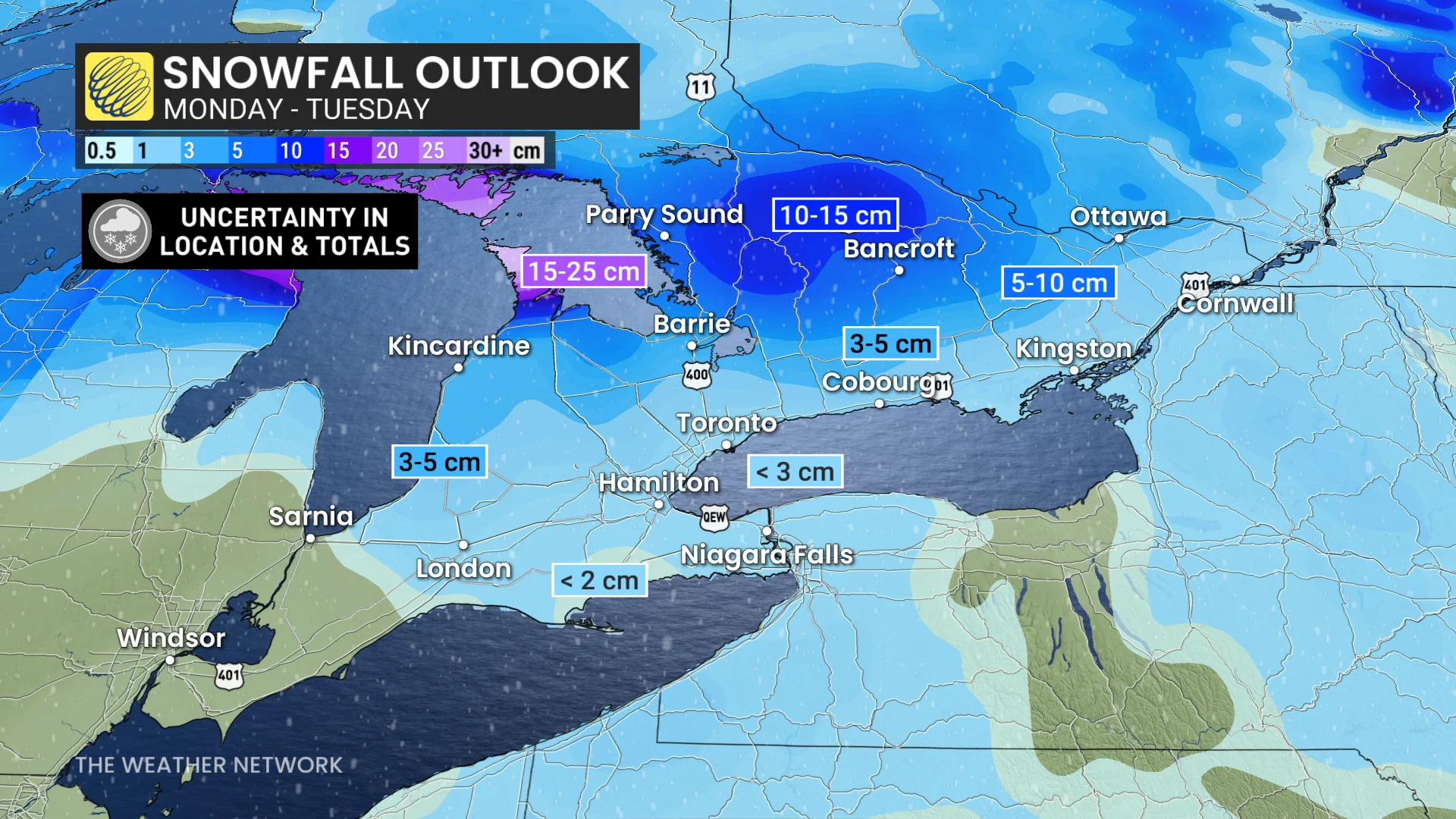 Ontario snowfall outlook Monday to Tuesday