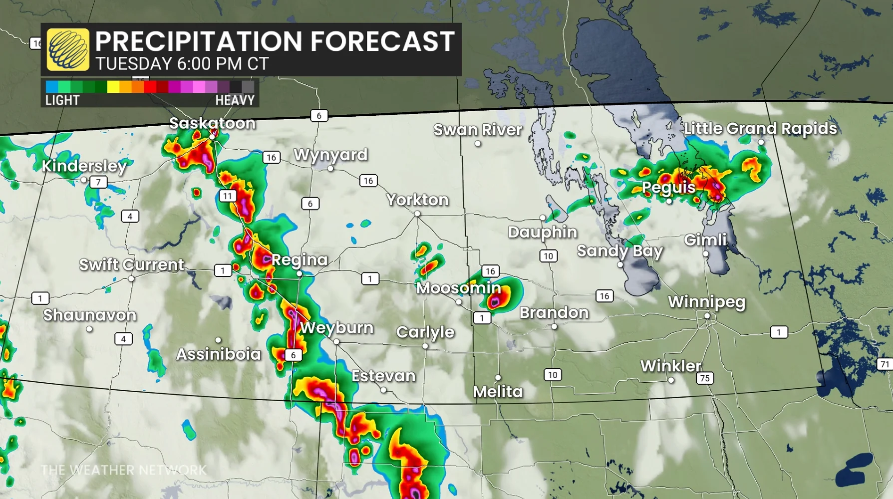 Prairies precipitation timing Tuesay evening