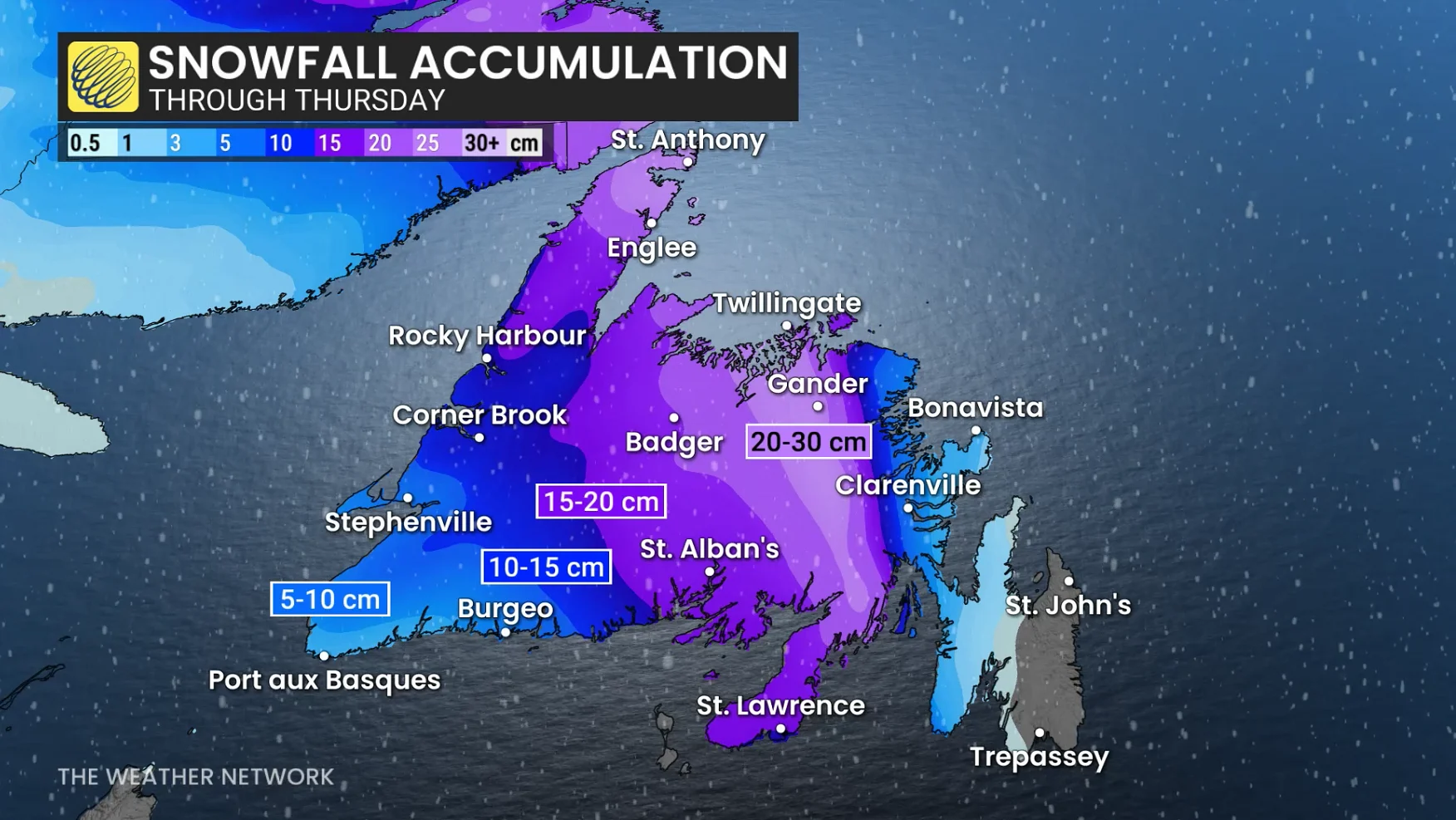 Newfoundland snowfall through Thursday