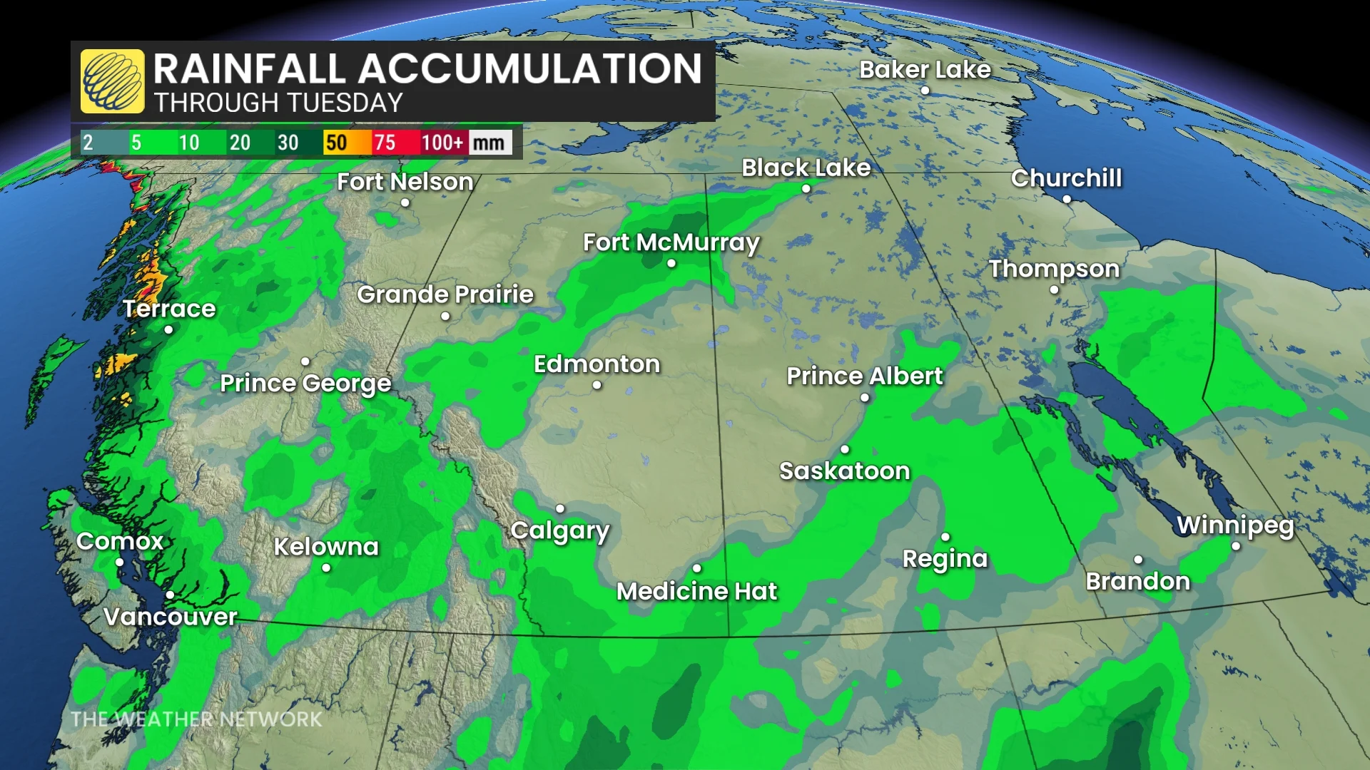Western Canada rainfall totals through Tuesday