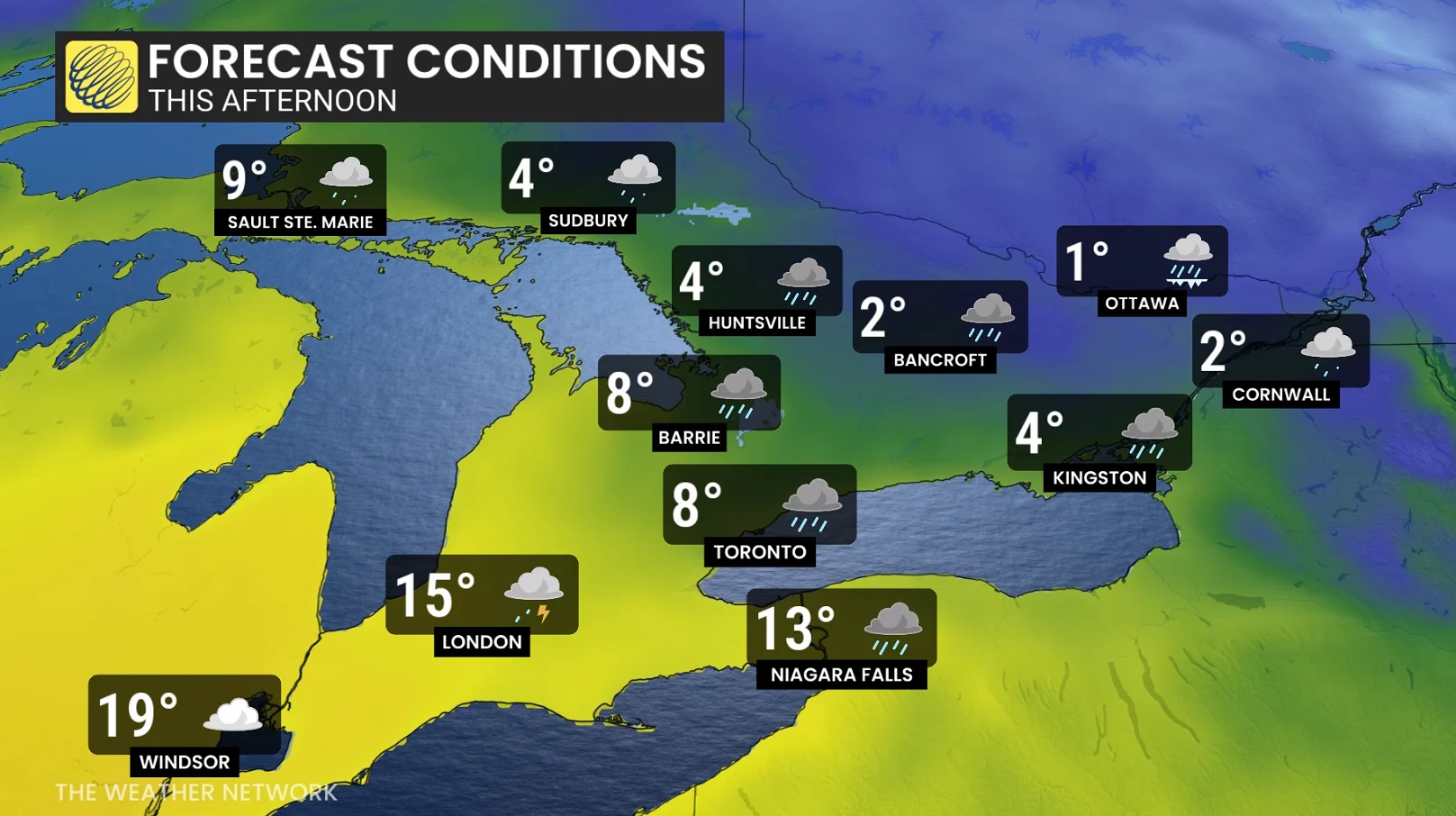 Ontario temperatures and icons Saturday afternoon