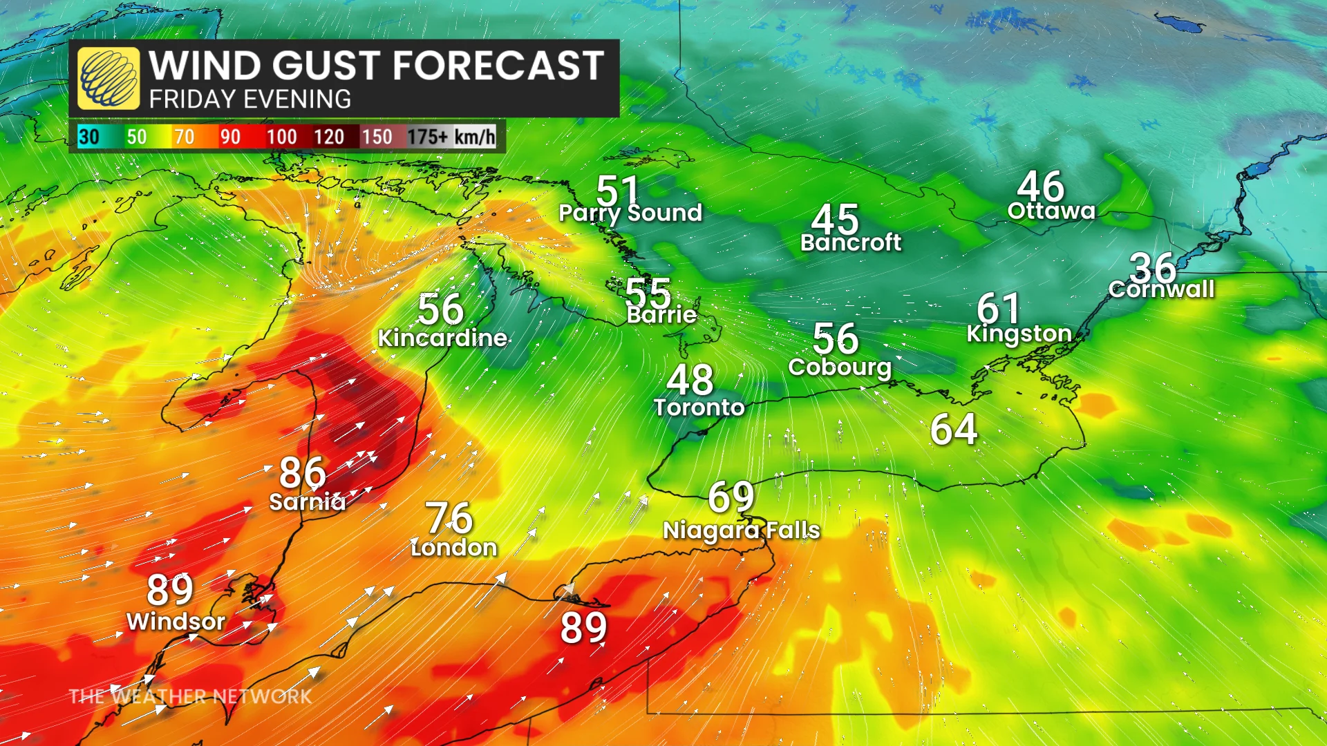 Ontario wind gusts Friday evening