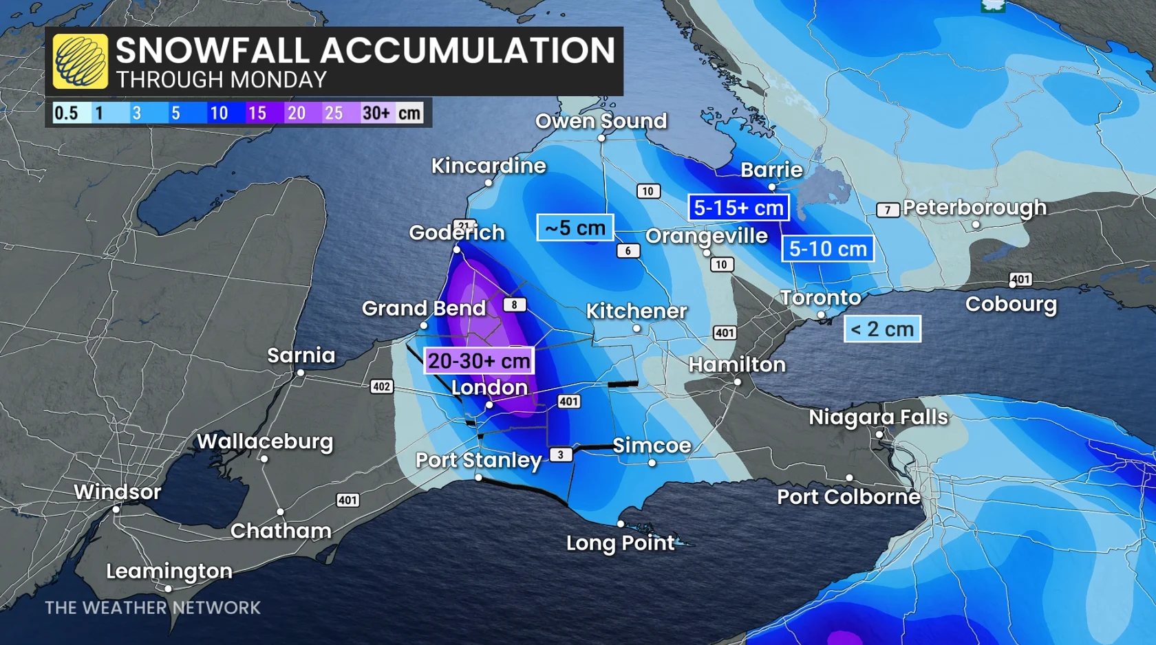 Ontario snowfall accumulation through Monday