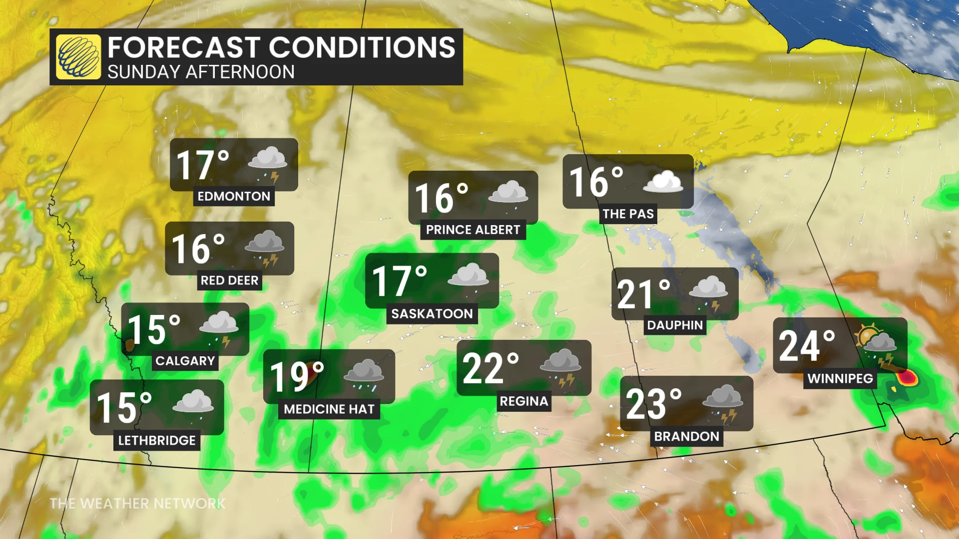Prairies temperatures and forecast conditions Sunday afternoon