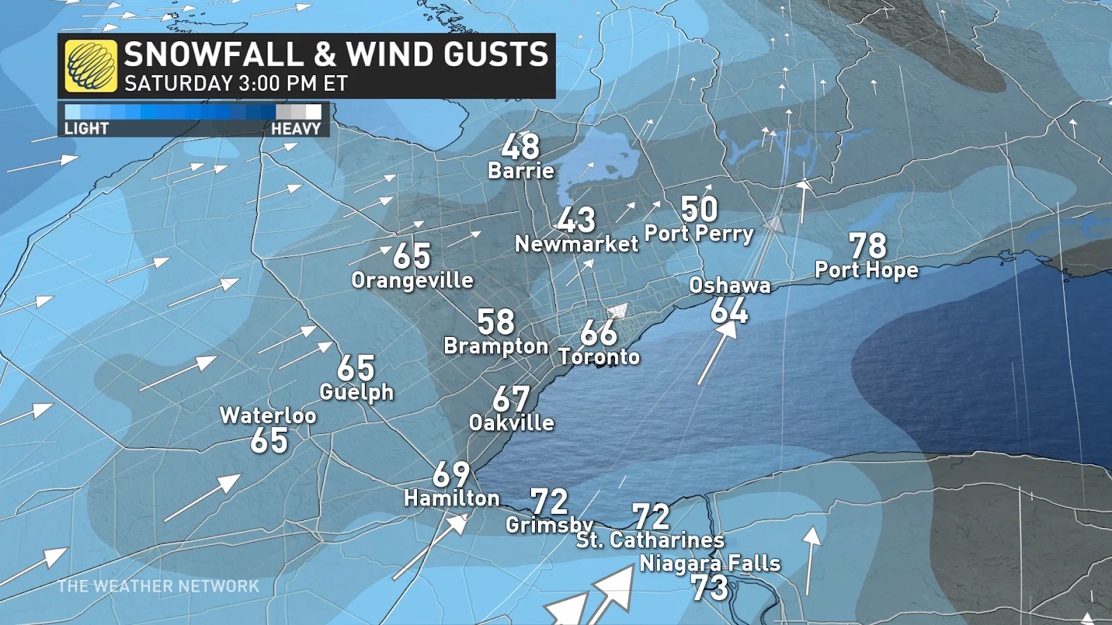 Ontario snowfall wind gusts Saturday 3pm