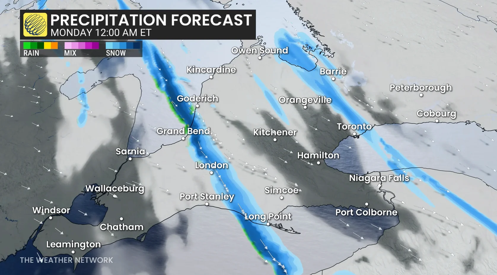 Ontario precipitation timing early Monday morning