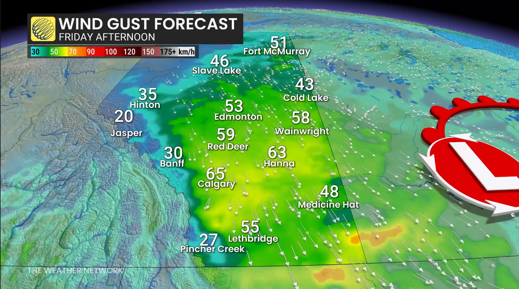 Alberta Friday afternoon forecast wind gusts - Oct. 21, 2026