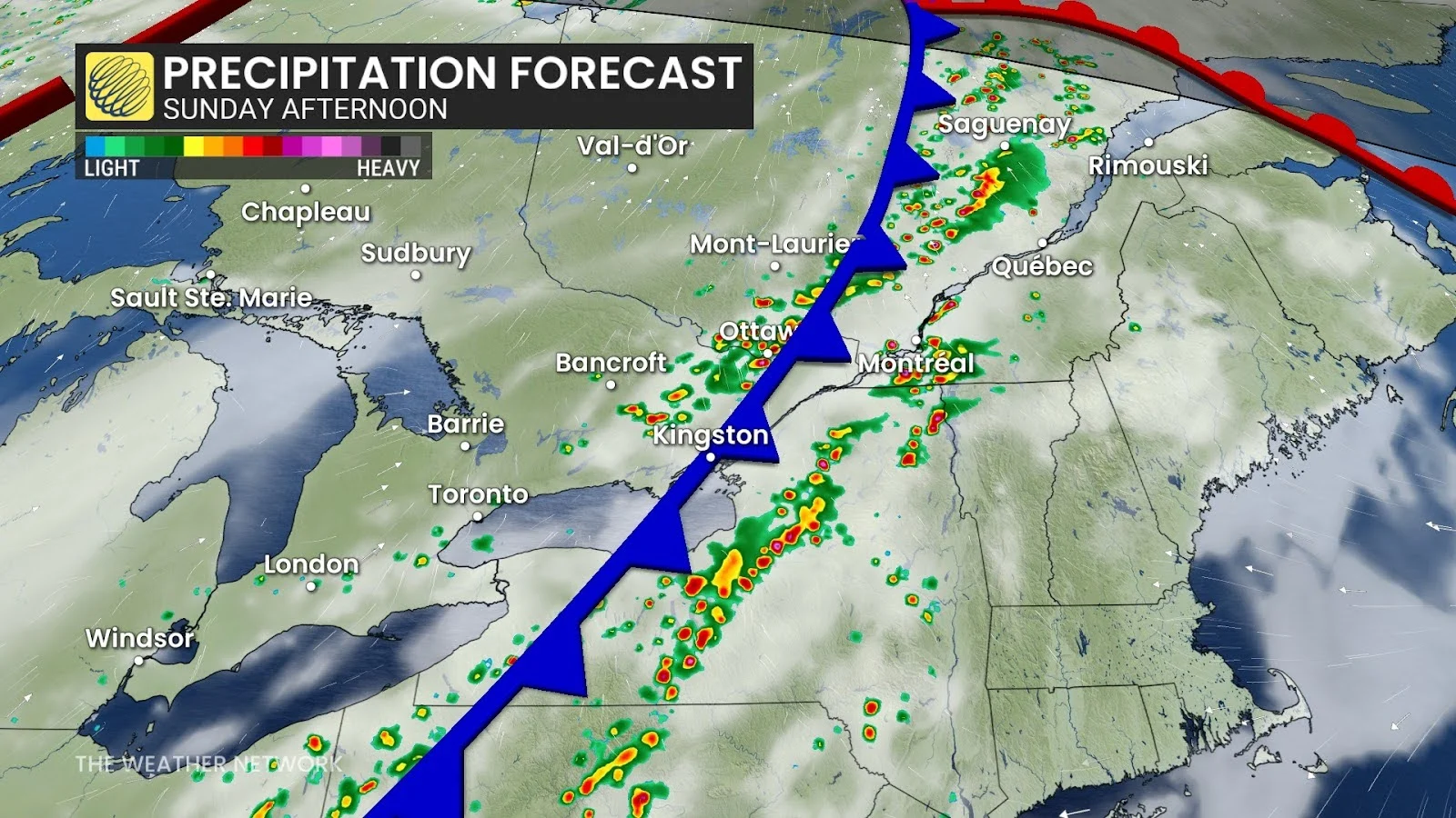 Rain, Forecast, Ontario, Quebec, Montreal, Toronto, Sunday, July 13, 2025. (The Weather Network/Nadine Hinds-Powell)