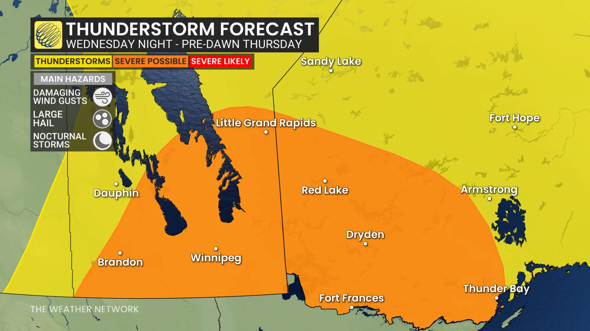 Manitoba-northwestern Ontario storm risk map Wednesday overnight to pre-dawn Thursday
