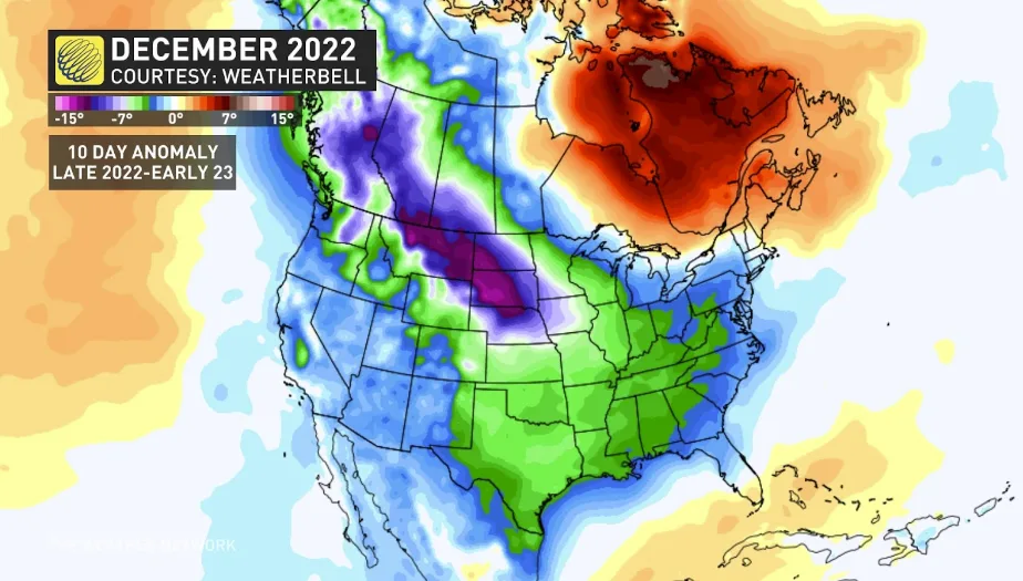 December 2022 cold pattern temperature anomaly