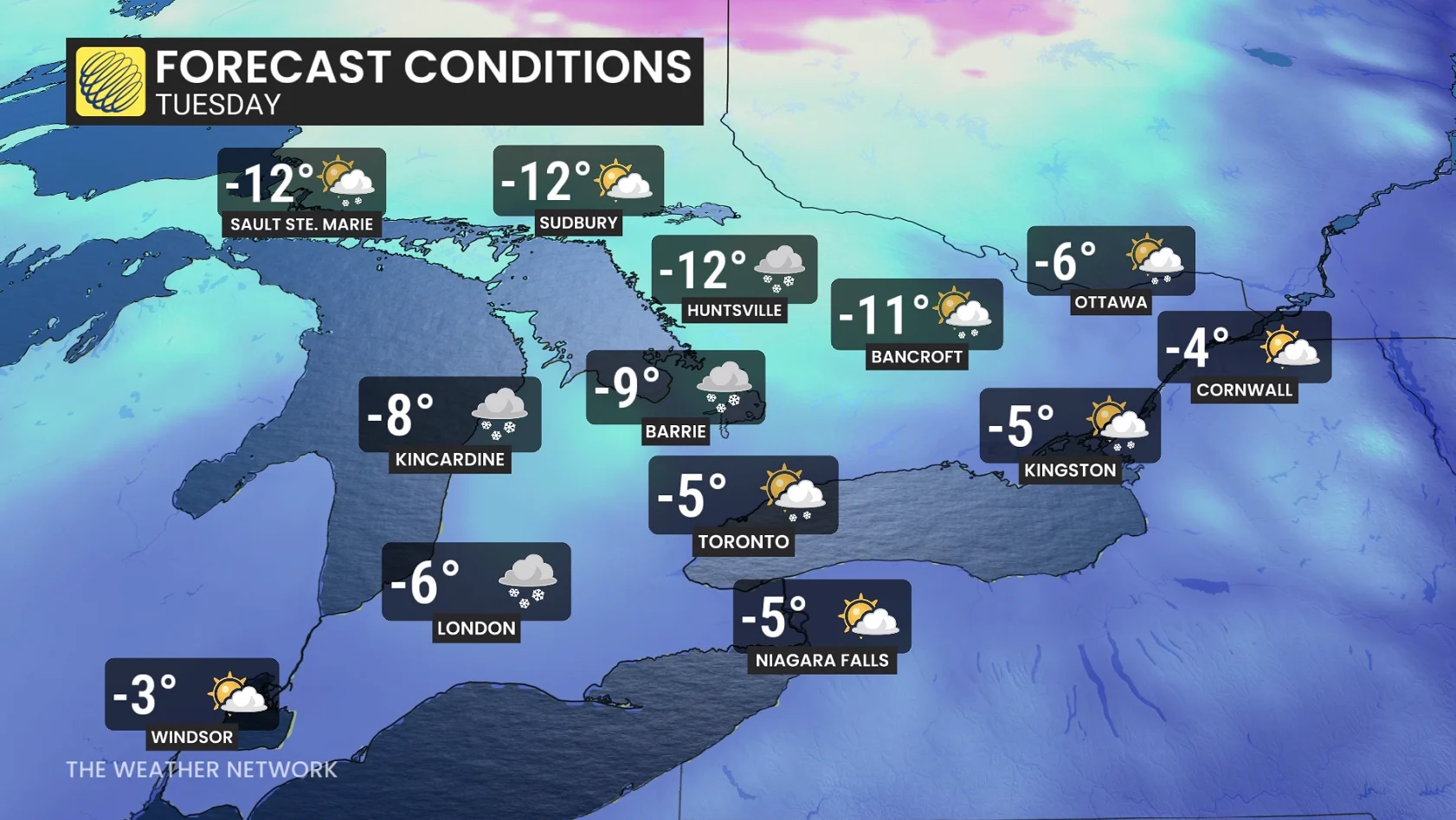 Ontario Tuesday temperatures and icons