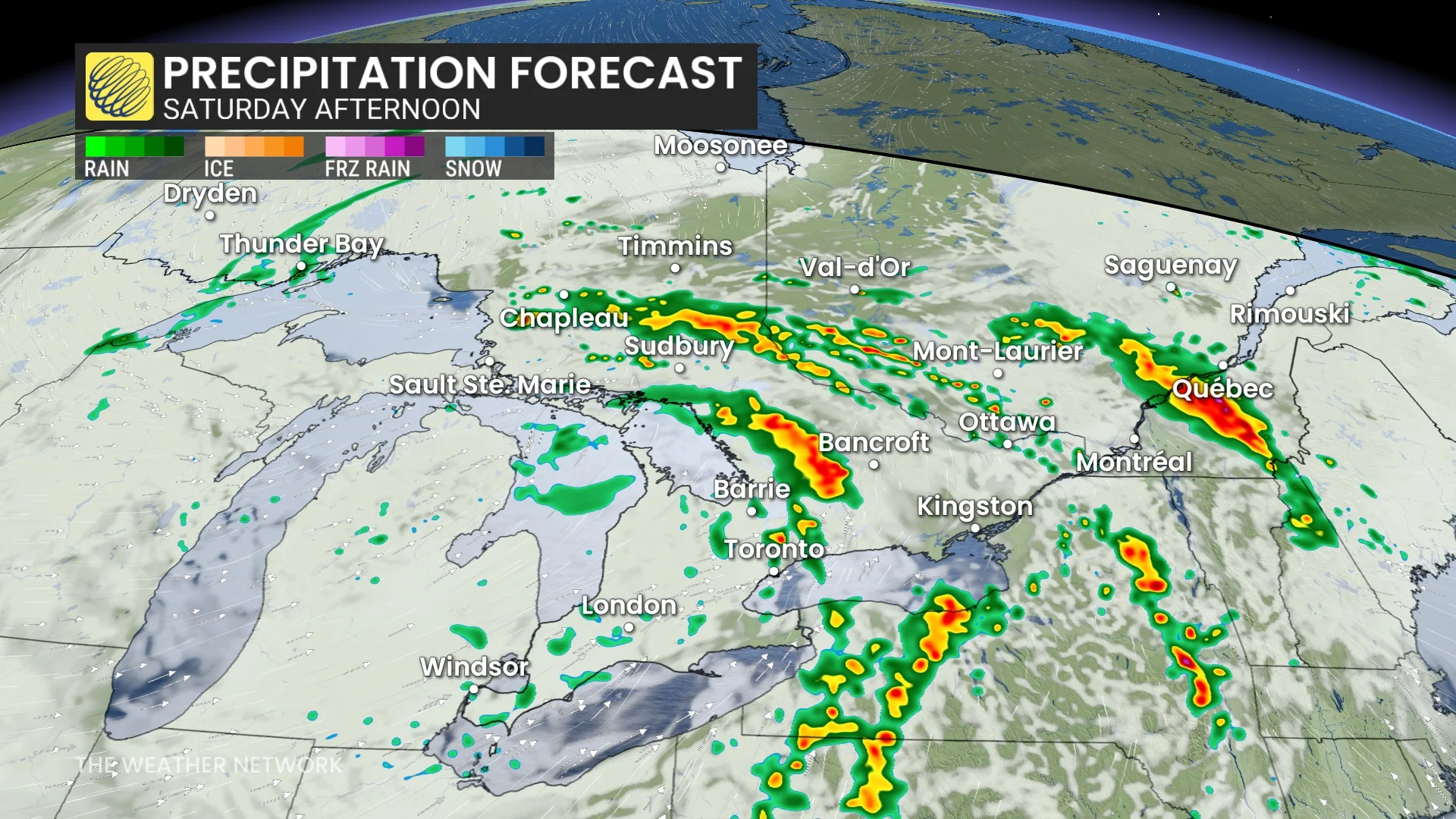 Ontario precipitation timing Saturday afternoon
