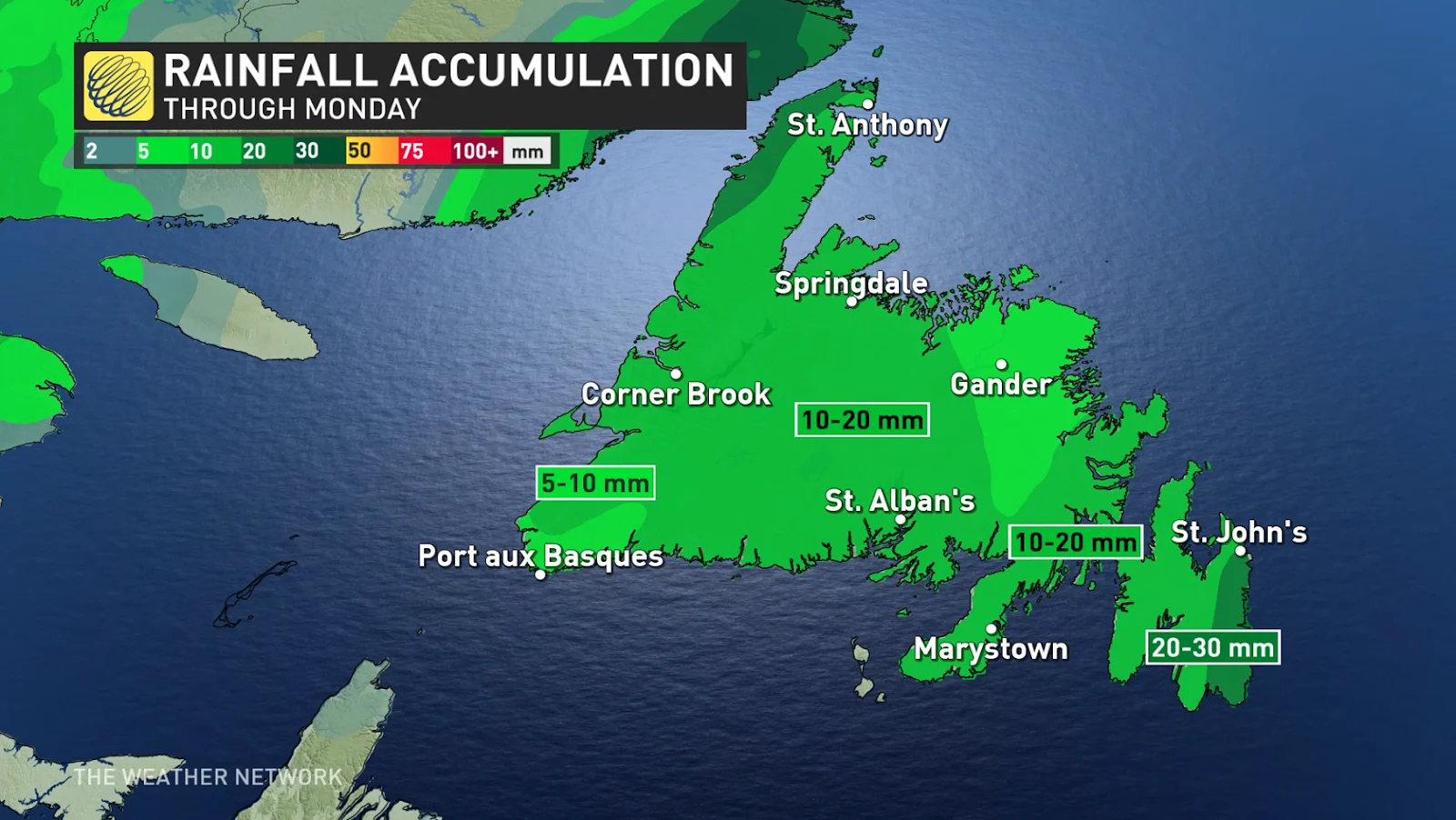 Newfoundland Rain through Monday