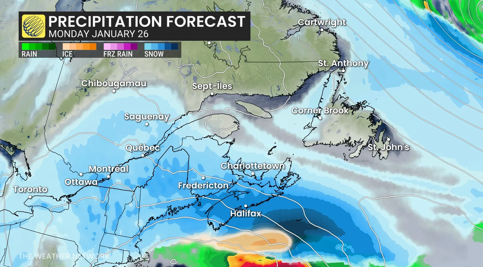 Atlantic Canada Monday precipitation