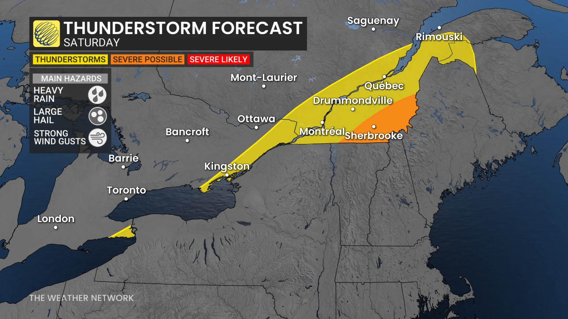 Ontario and Quebec storm risk map Saturday