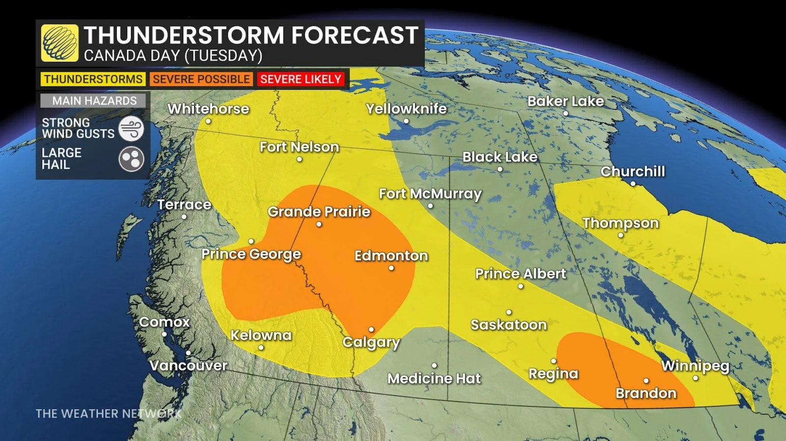 Western Canada Tuesday severe thunderstorm risk - July 1, 2025