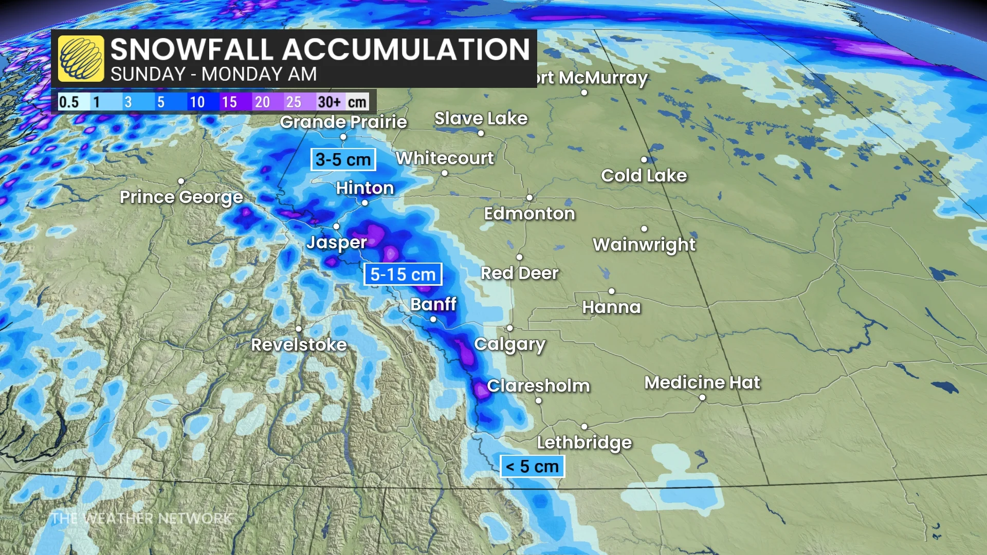 Alberta snowfall accumulation Sunday to Monday morning
